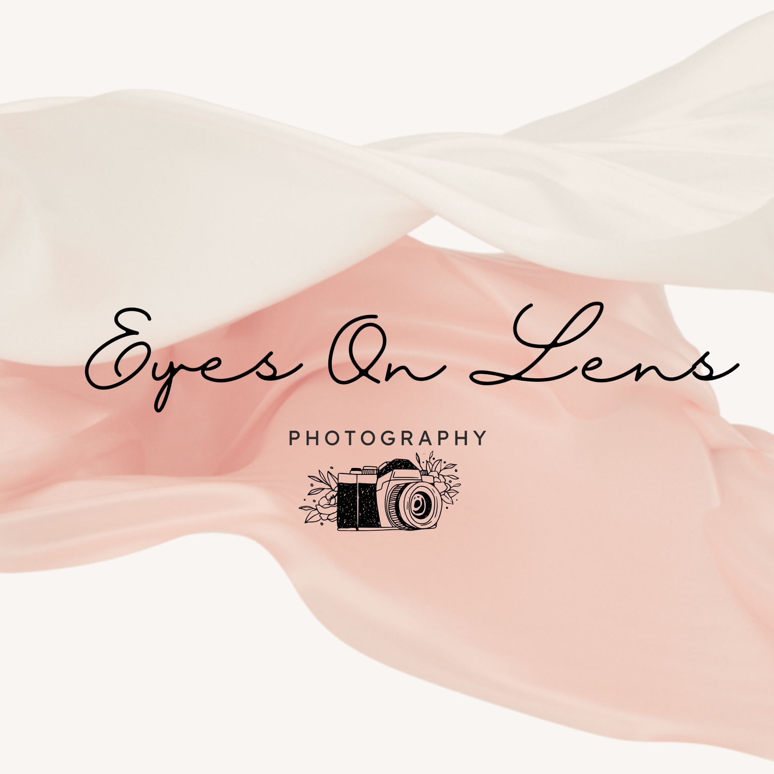 Logo for 'Eyes On Lens Photography' with a pink and white abstract background and a camera illustration.
