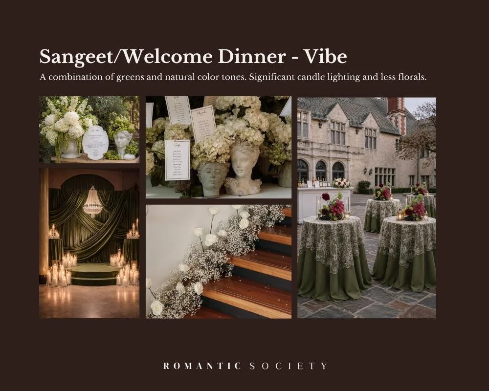 Decorations and setup for a romantic wedding event featuring greenery, floral arrangements, candles, lace tablecloths, and outdoor tables at a historic building.