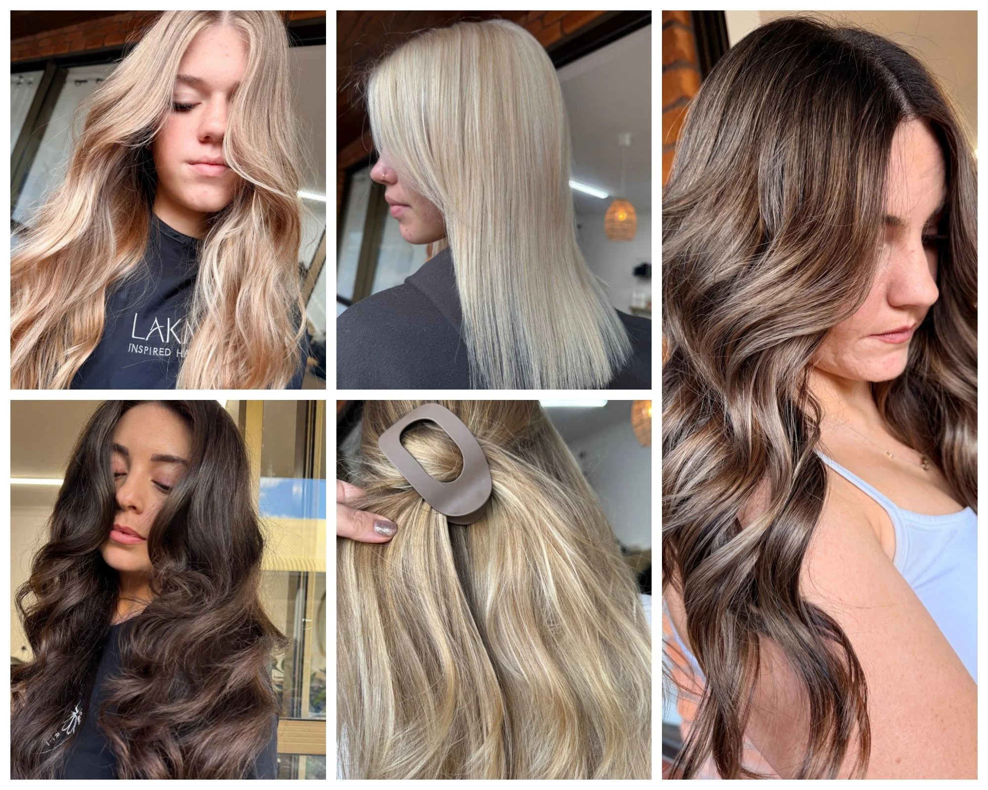 Collage of women with different hair colors and styles, including blonde, brunette, and highlighted hair, in salon or similar setting.