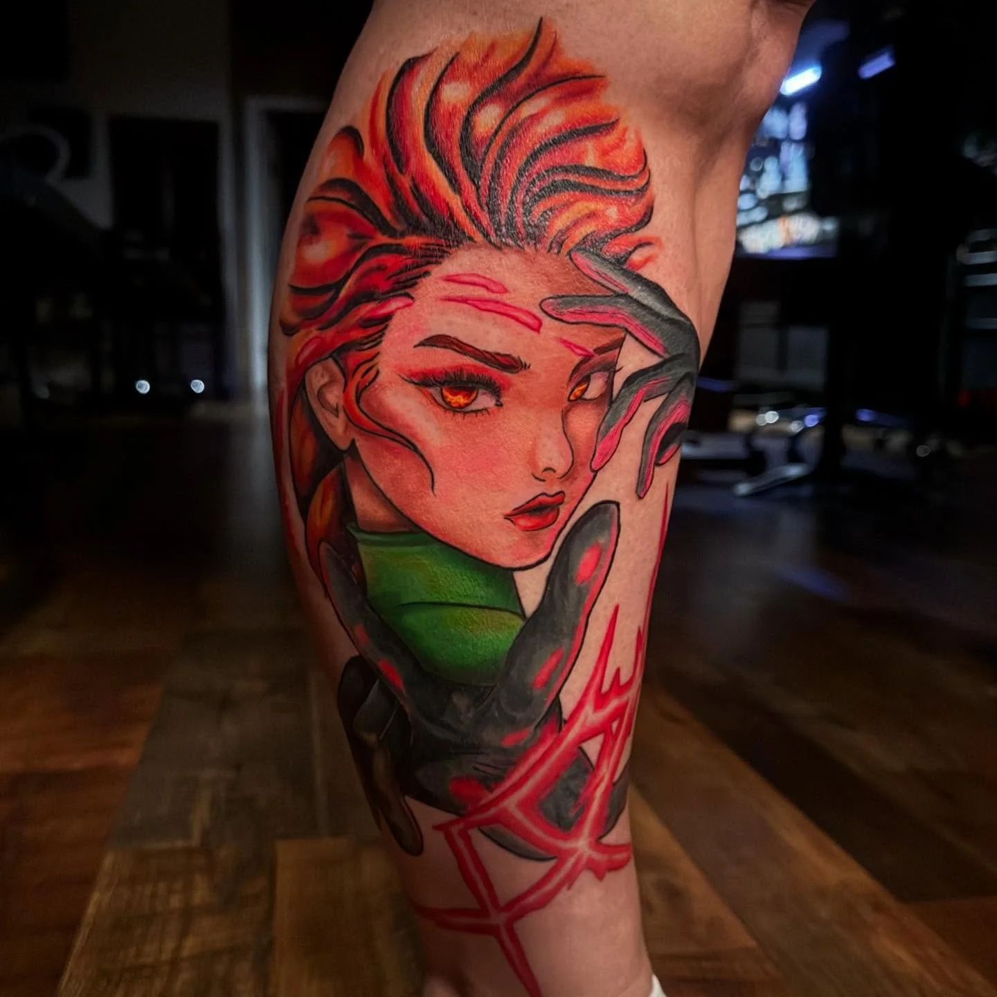 #darkpheonix #tattoo #legtat #female #woman #fire #eyes