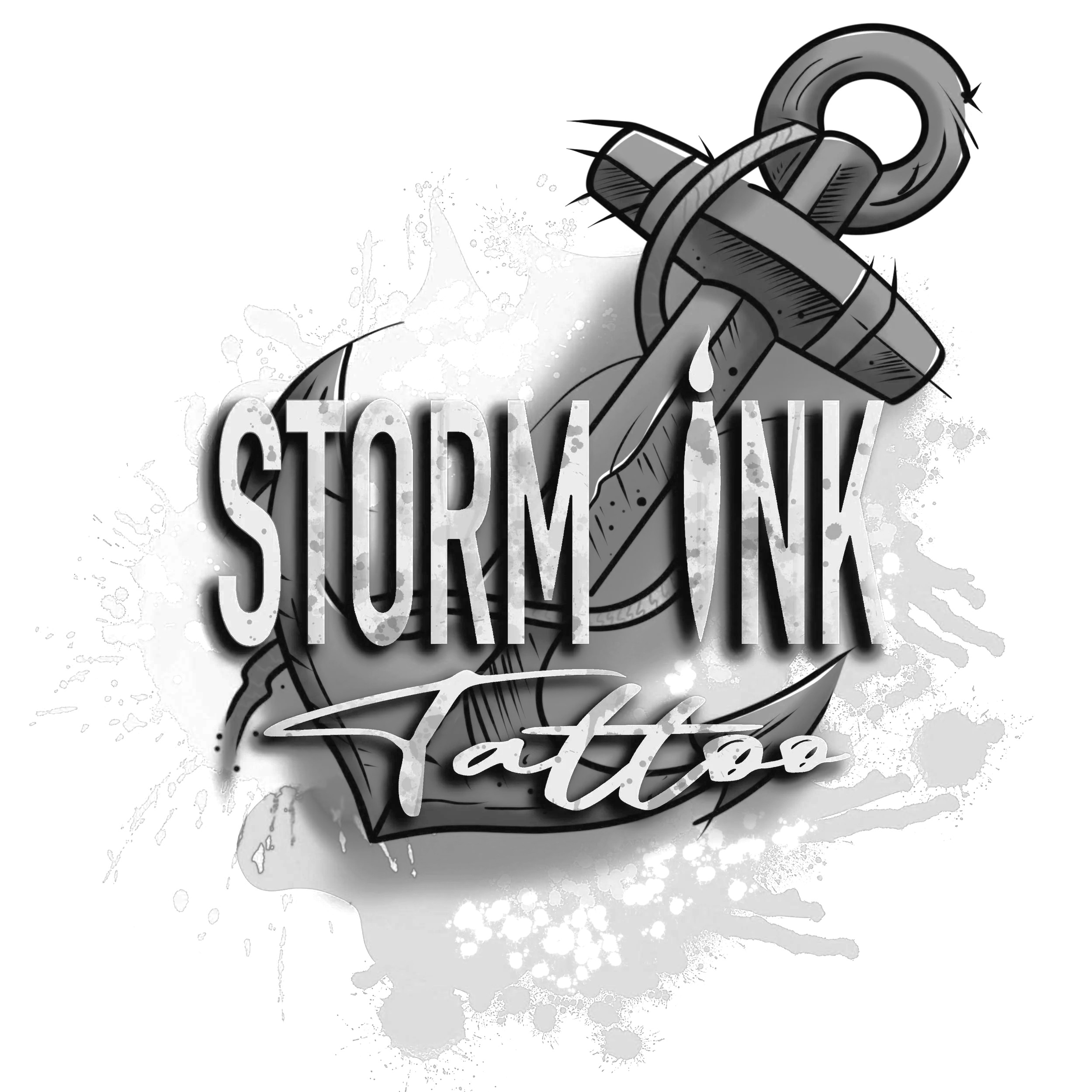 Black and white tattoo-style illustration of an anchor with a rope, with the text 'Stormy Ink Tattoo' overlaid, surrounded by ink splatters.