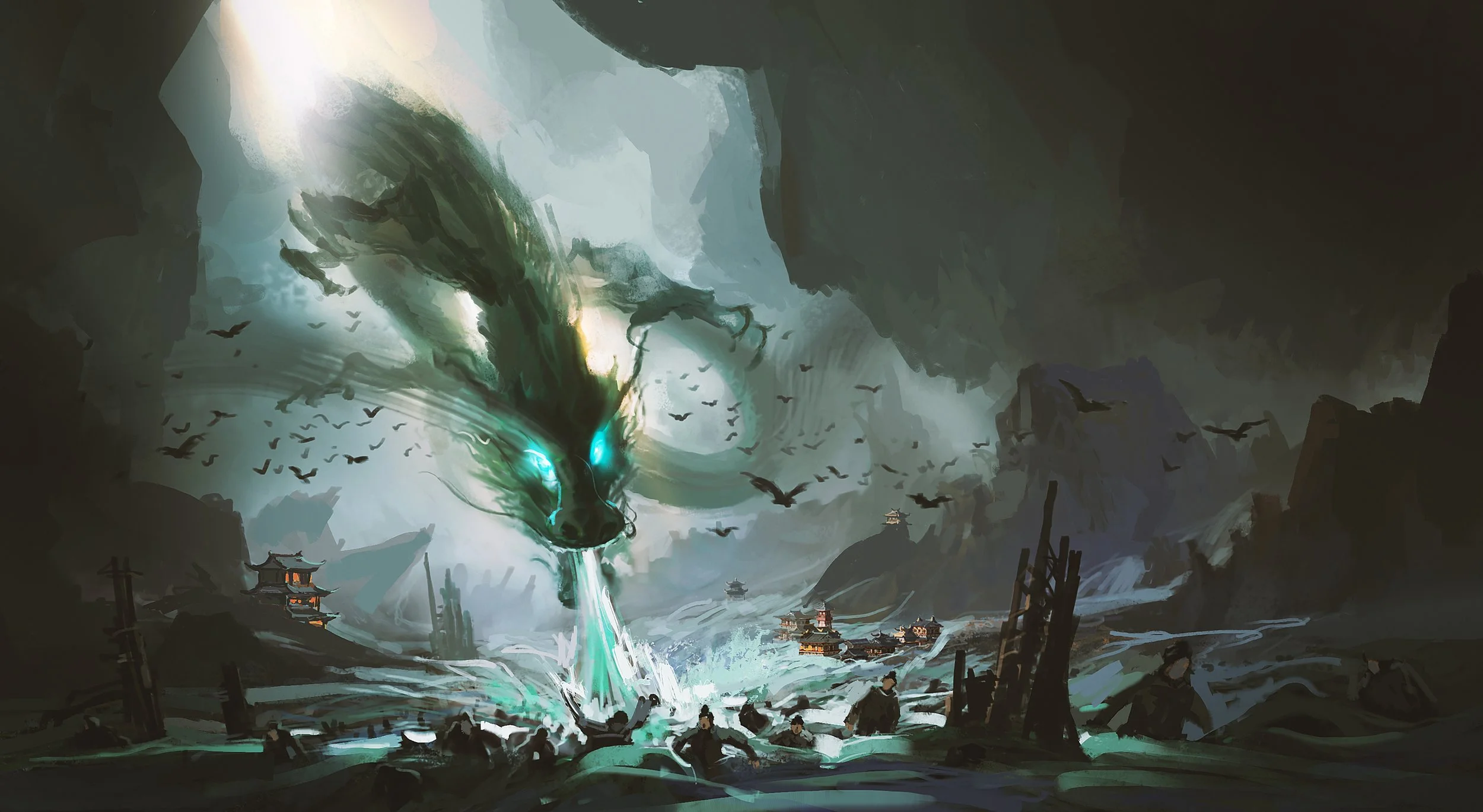 A large, dragon-like creature with glowing blue eyes and mist coming from its mouth, descending over a traditional Asian-style village surrounded by mountains, with birds flying in the sky.