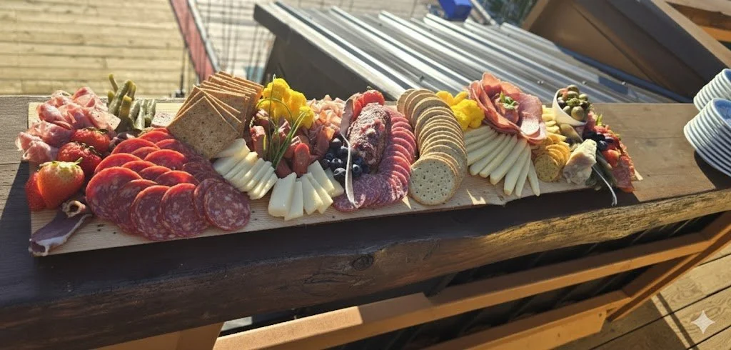 Charcuterie board with various cheeses, sliced meats, crackers, strawberries, grapes, and garnishes on a wooden table.