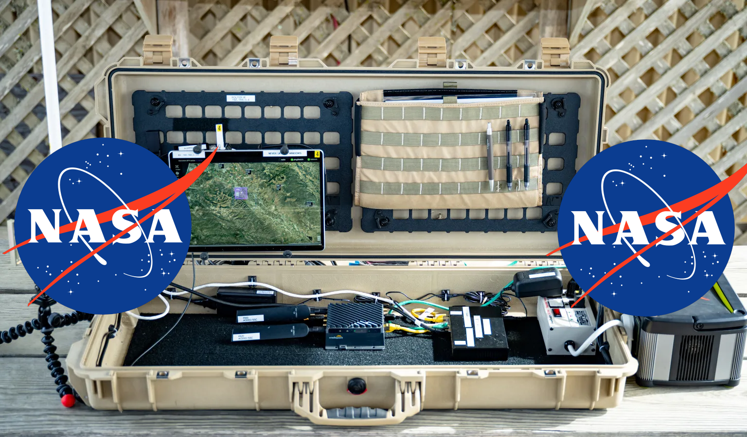 A portable scientific or technical setup with various electronic devices, wires, and a tablet displaying a map. The setup is in a tan protective case with NASA logos on the outside, placed on a wooden surface outdoors.