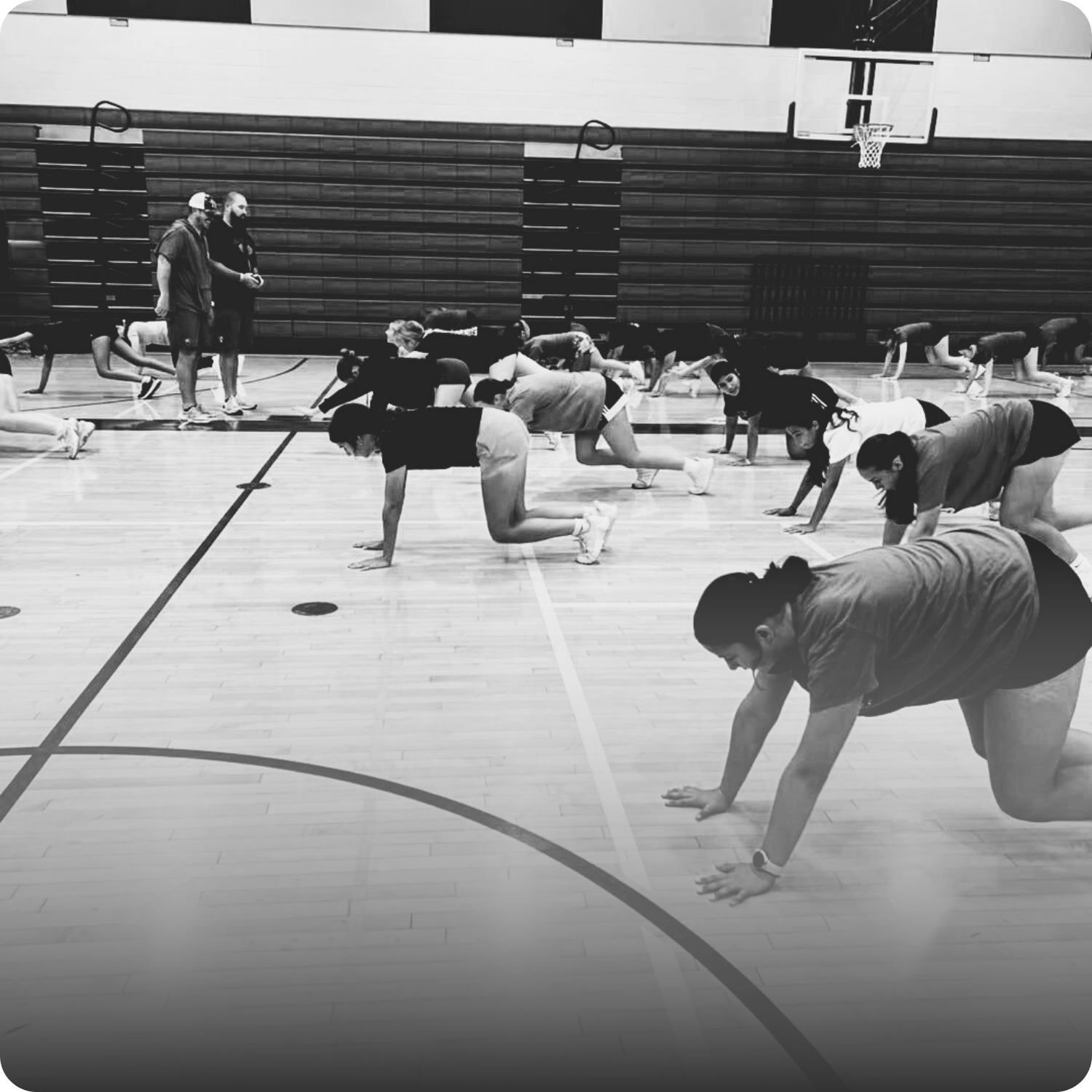 People in a gymnasium participating in a fitness class, performing push-ups on the wooden floor, led by instructors.