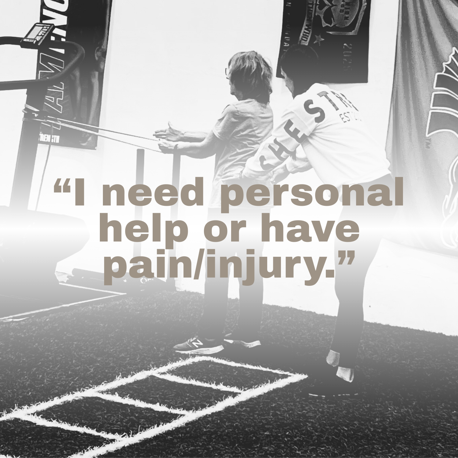 Two women are standing on a gym floor, one supporting the other as they perform a physical activity, with a quote overlay stating, 'I need personal help or have pain/injury.'