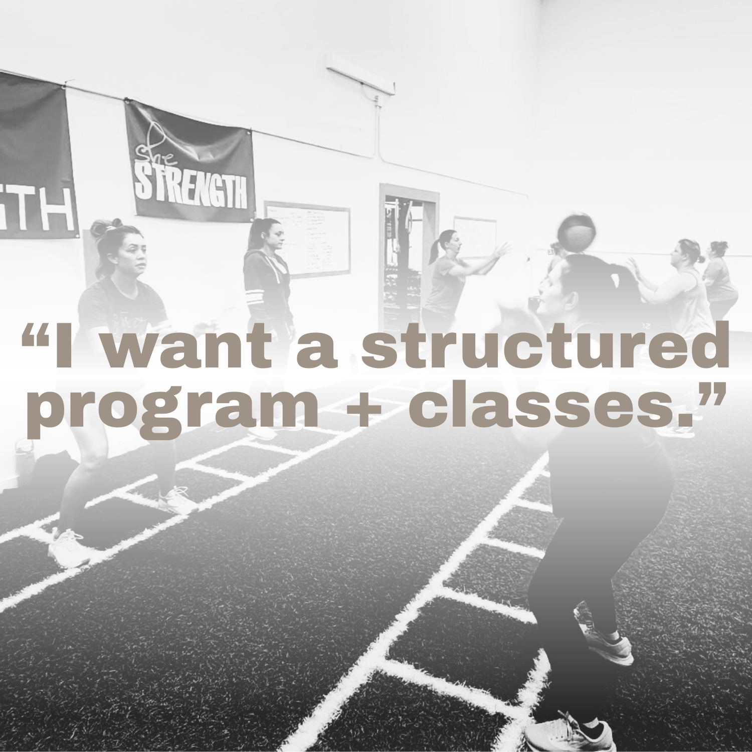 Women playing dodgeball in an indoor gym, with motivational banners on the wall, and a quote overlay: 'I want a structured program + classes.'