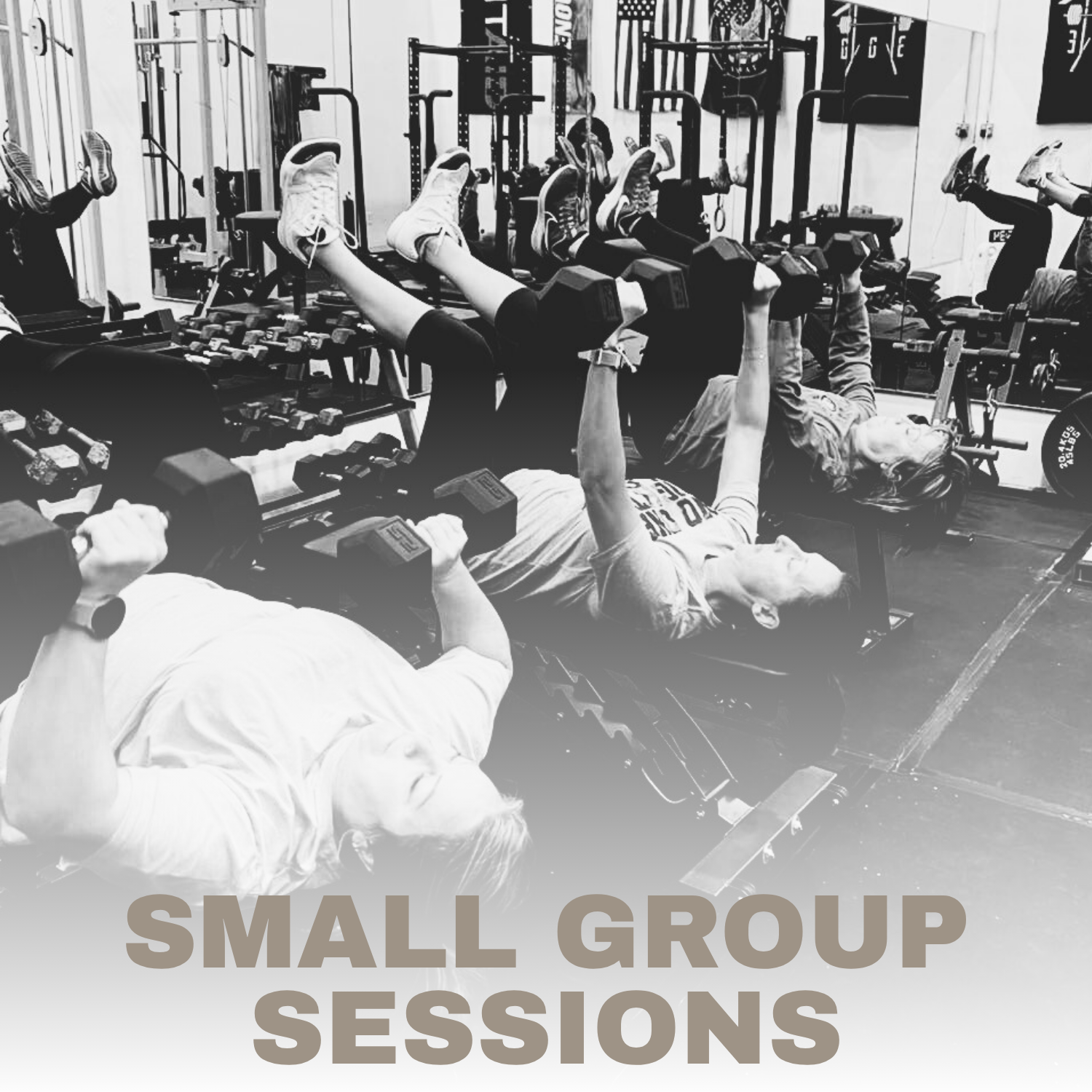 People lying on workout benches lifting dumbbells in a gym. The photo is in black and white, with the text 'Small Group Sessions' at the bottom.