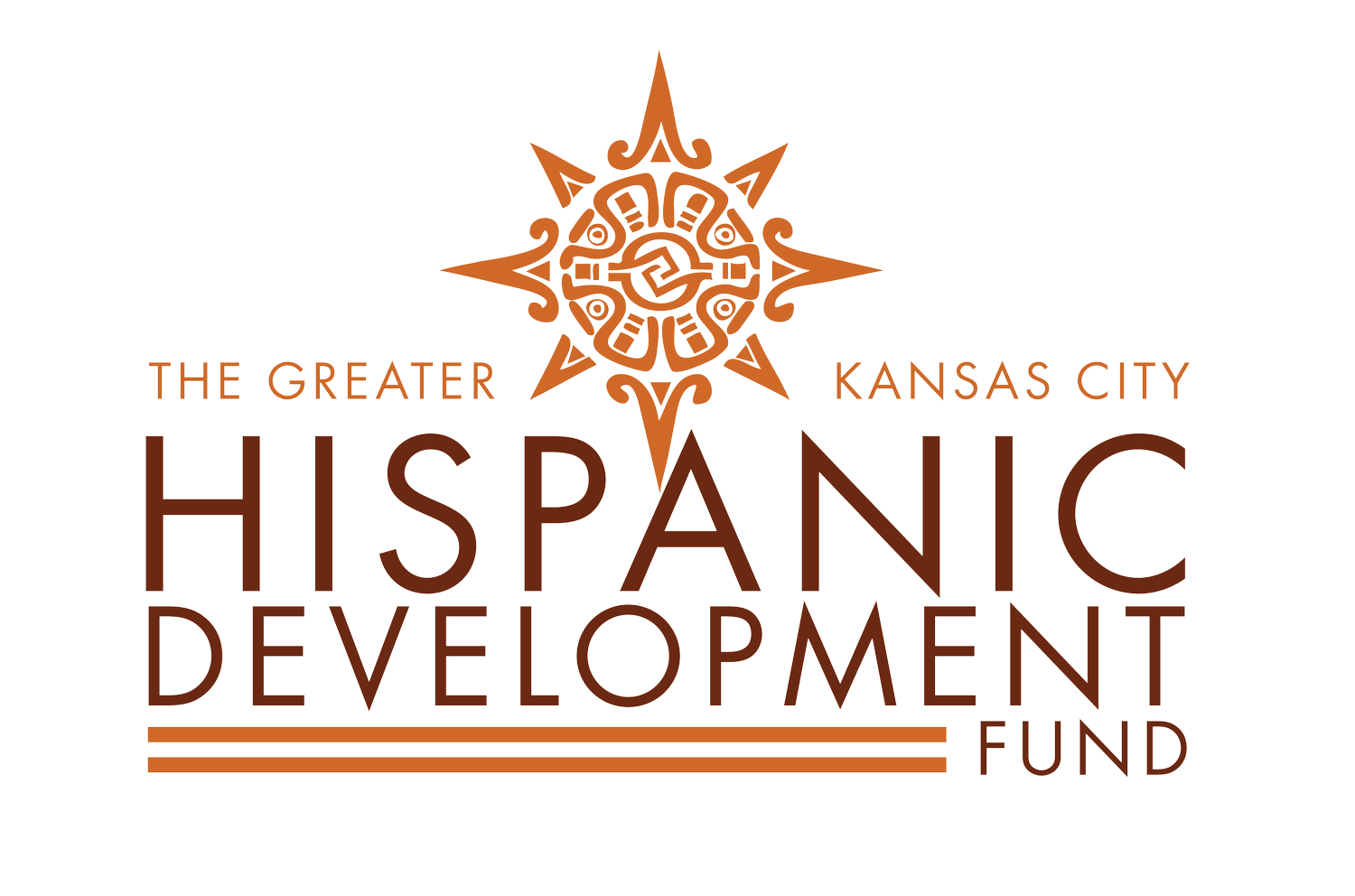 Logo for the Greater Kansas City Hispanic Development Fund featuring a decorative sunburst design with the text 'The Greater Kansas City Hispanic Development Fund' in brown and orange colors.