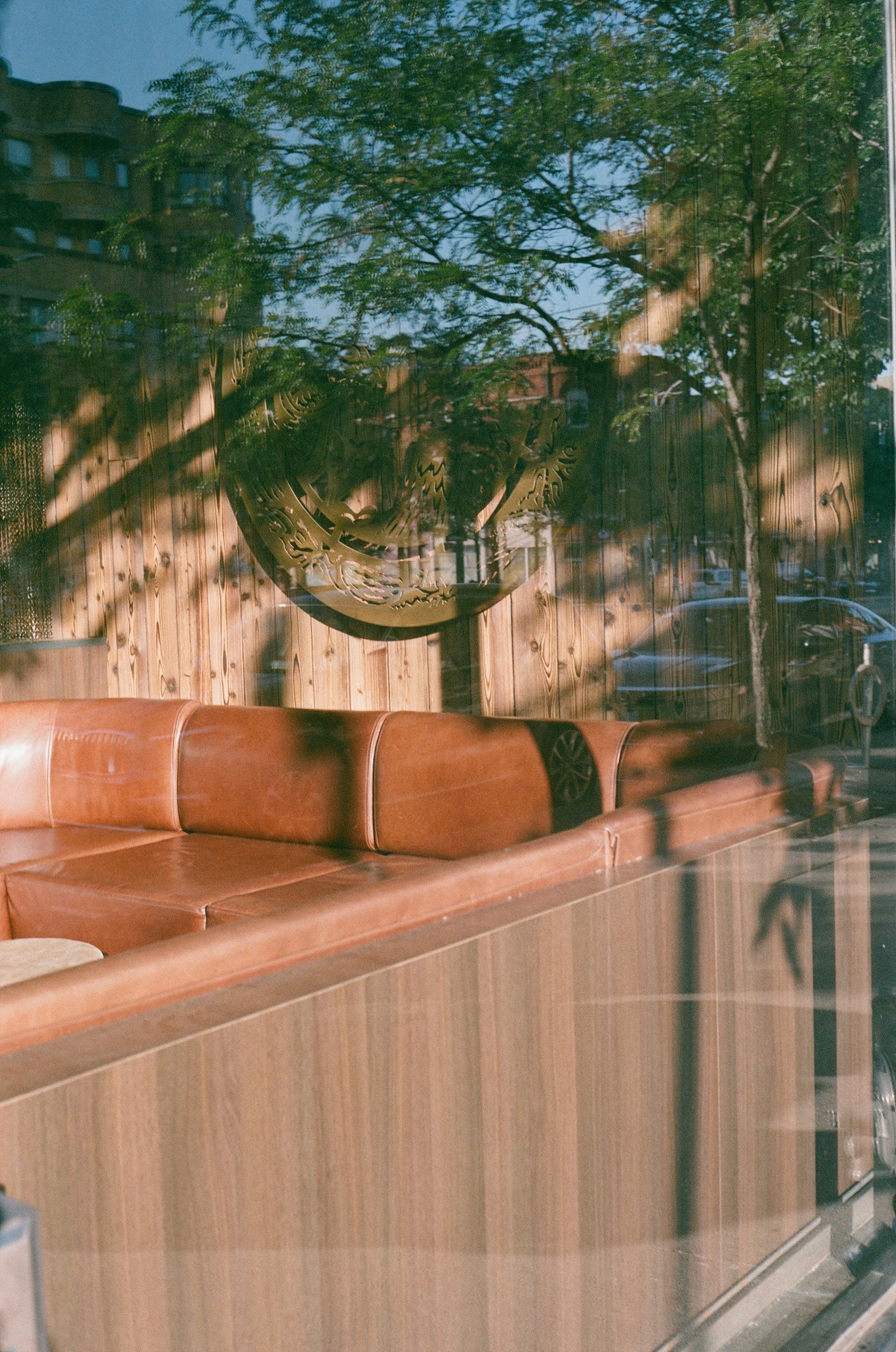 a seating area seen through a window