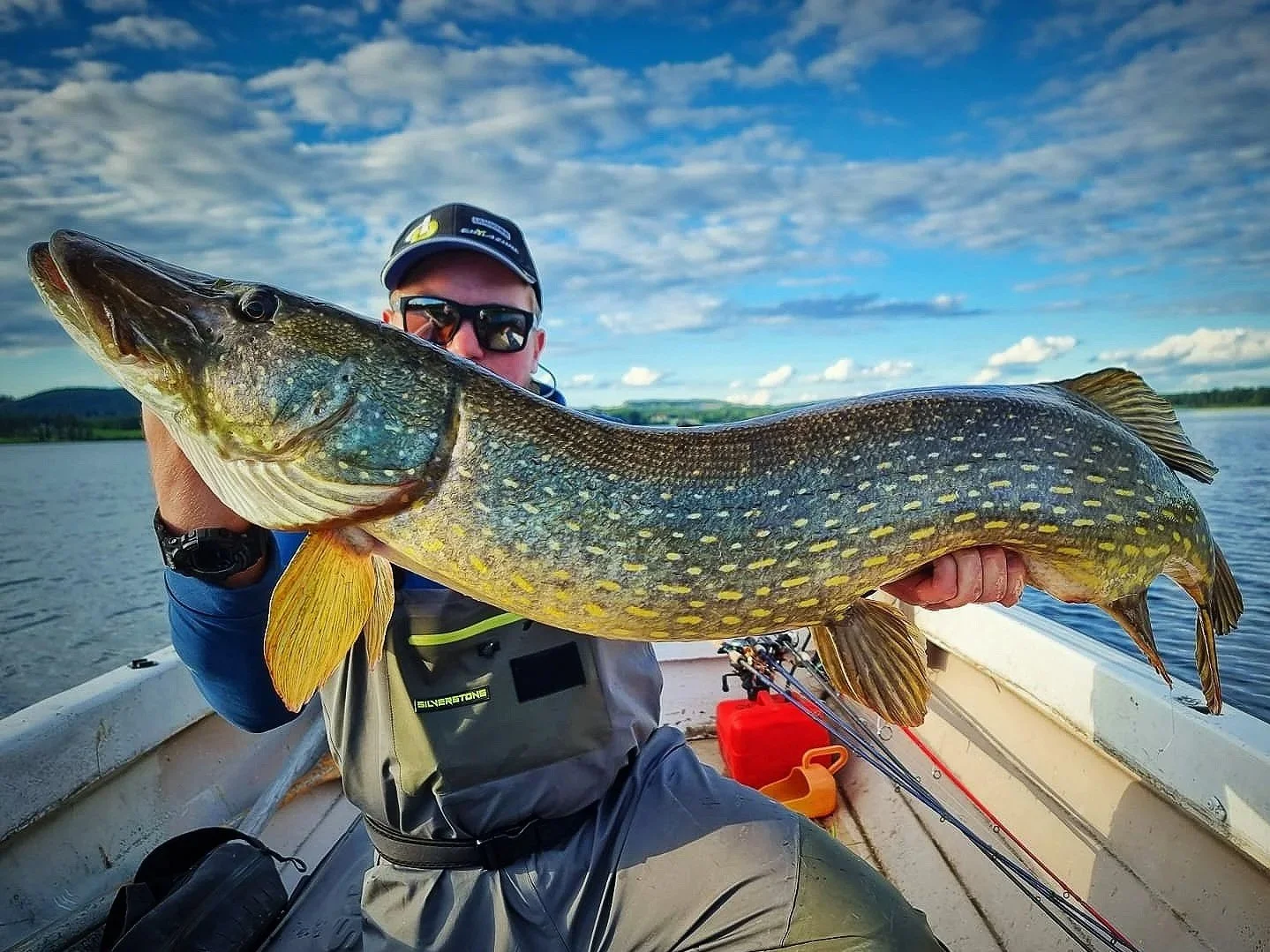 A man in outdoor gear holding a large pike in a lake with montain ont the background.