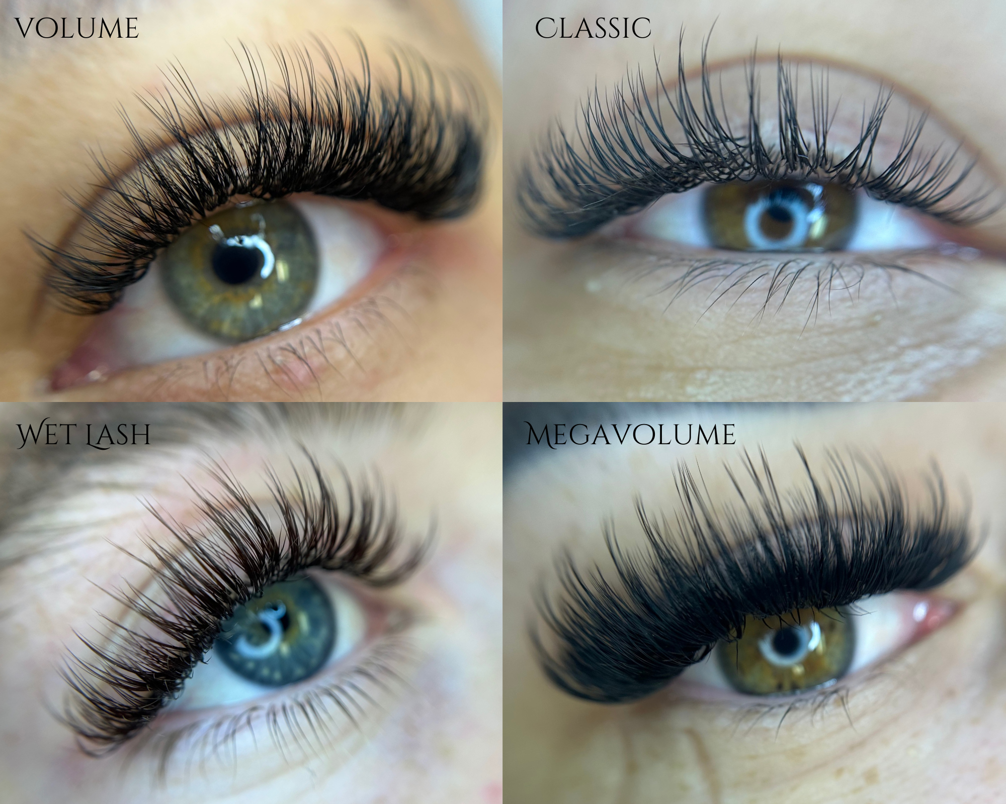 Close-up images of a person's eye demonstrating four different eyelash styles: volume, classic, wet lash, and megavolume, showing variations in eyelash density and thickness.