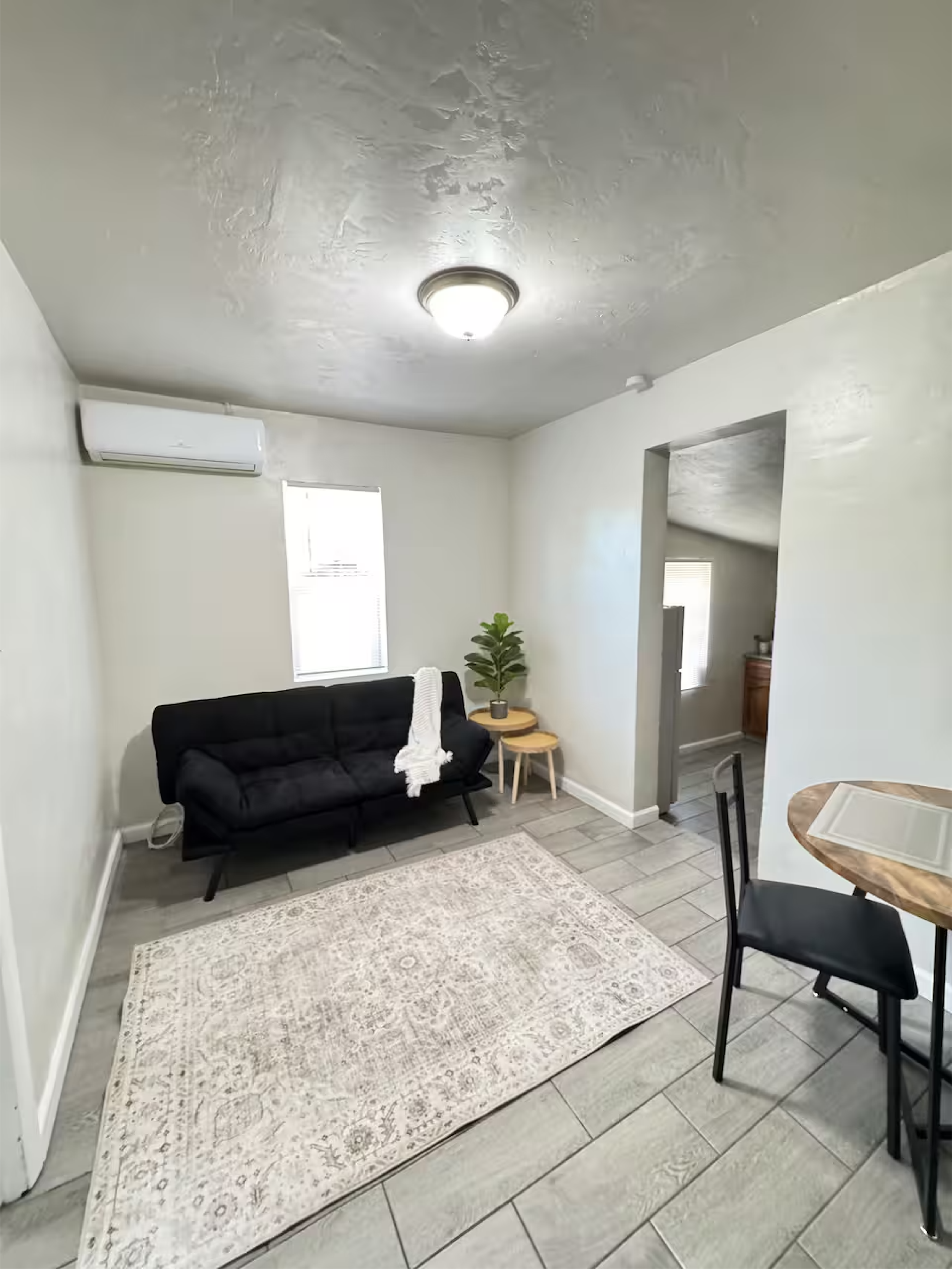 Living room with a black sofa, a white patterned rug, a small round table with a potted plant, a window with blinds, and a doorway leading to a kitchen area with a wooden cabinet.