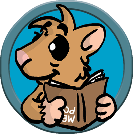 Cartoon animal reading a book, with a brown fur coat and large eyes, inside a circular frame.