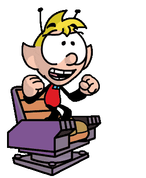 Cartoon character sitting on a bench, smiling, wearing glasses, with blonde hair and a red shirt.
