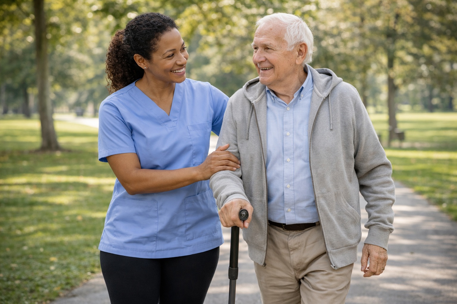 Close-up of elderly person's wrinkled hands, wearing rings and a bracelet, clasped together on a white cloth-covered surface. An older woman is sitting beside them, dressed in blue with pearl necklaces.