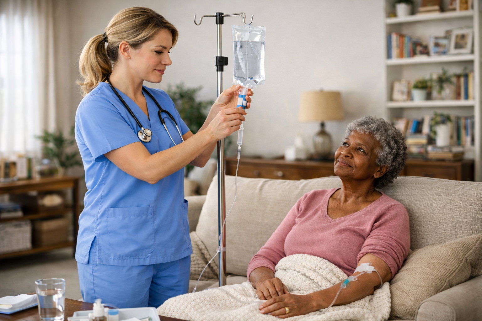 An IV fluid bag hanging on a metal IV stand, filled with a clear liquid labeled as a saline solution.