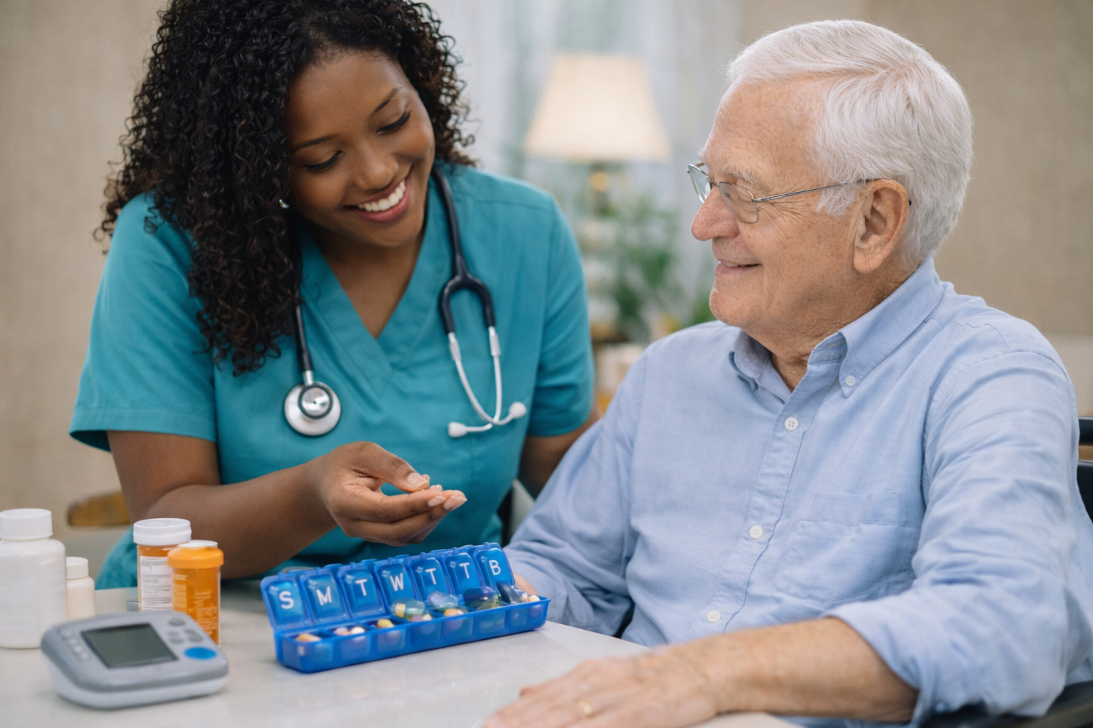 A person's hand reaching into an open pill organizer containing various colorful pills, with blister packs of pills visible in the background on a dark surface.