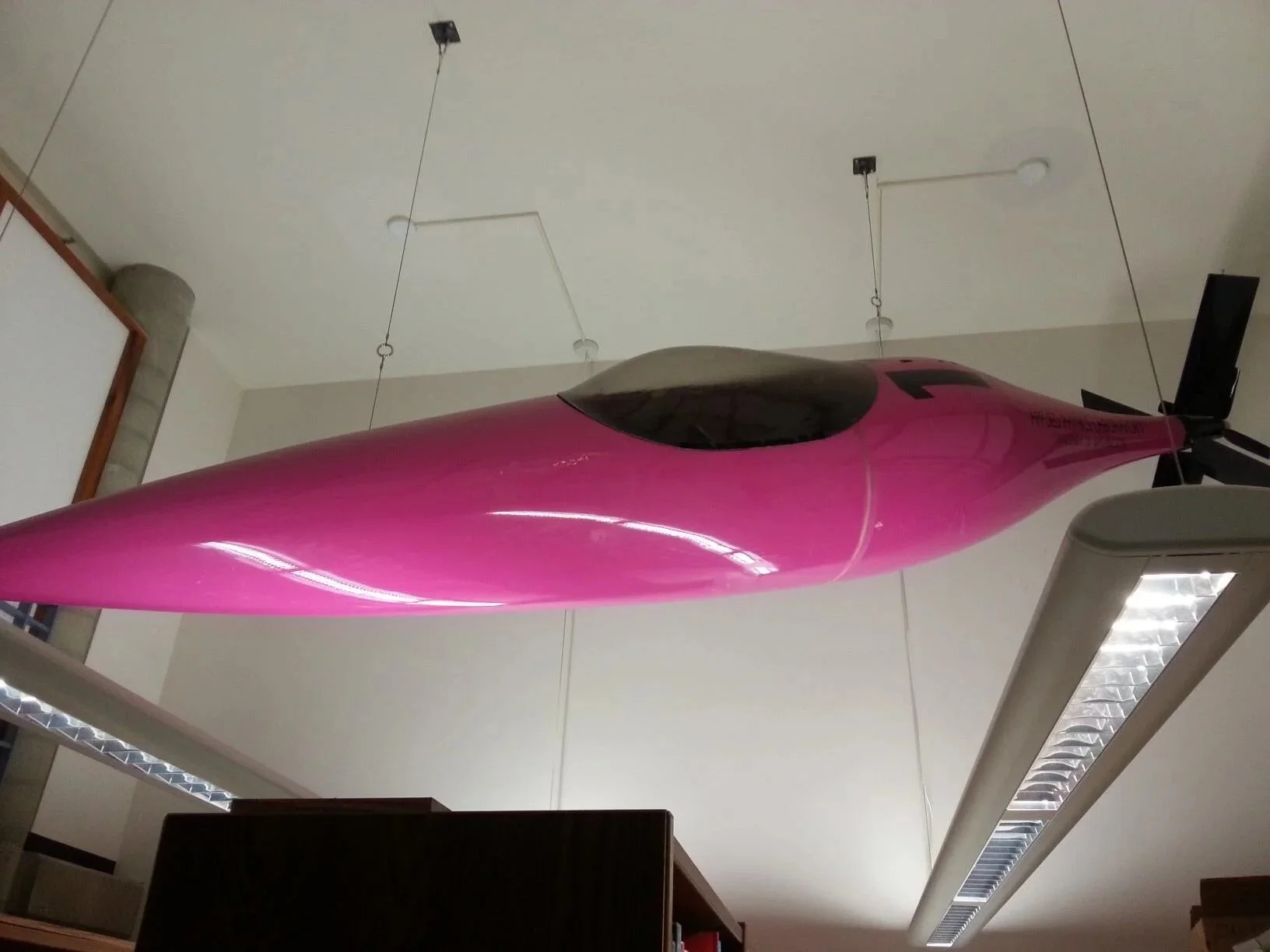 HumPSub, Bright pink and streamlined hanging in the APL library.