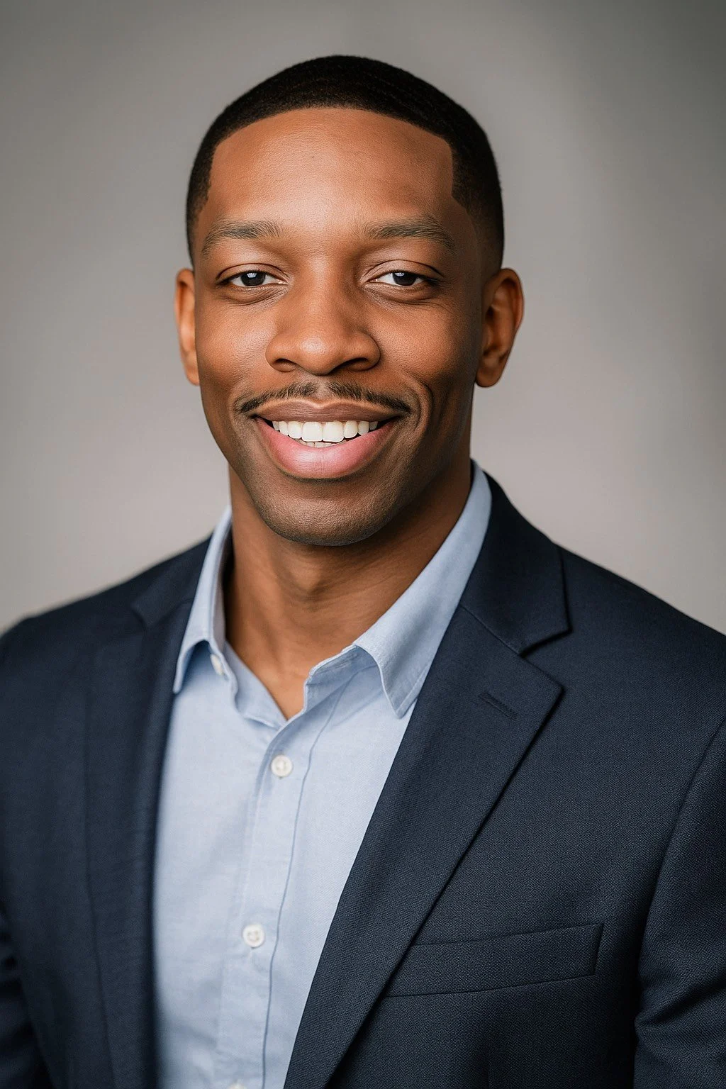 A professional headshot of a smiling African American man wearing a dark suit jacket and light blue dress shirt.