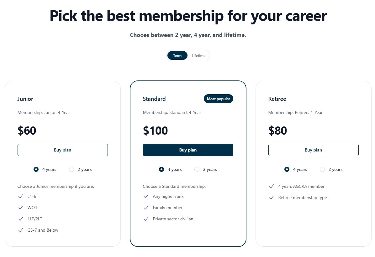 Membership plan options for a career organization, showing prices for Junior, Standard, and Retiree memberships with duration choices of 2 or 4 years.