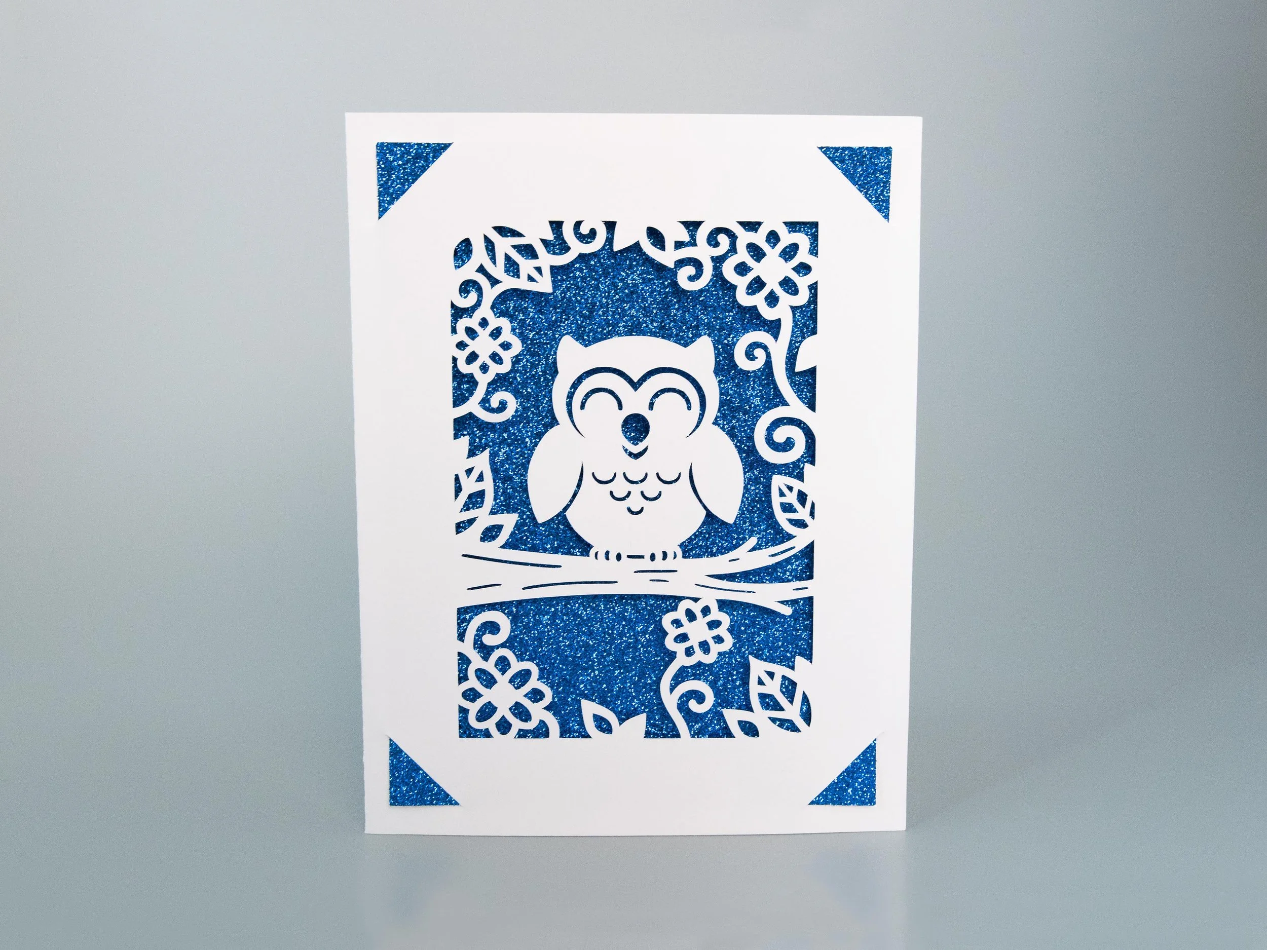 Front view of a greeting card with an owl cutout and blue glitter background