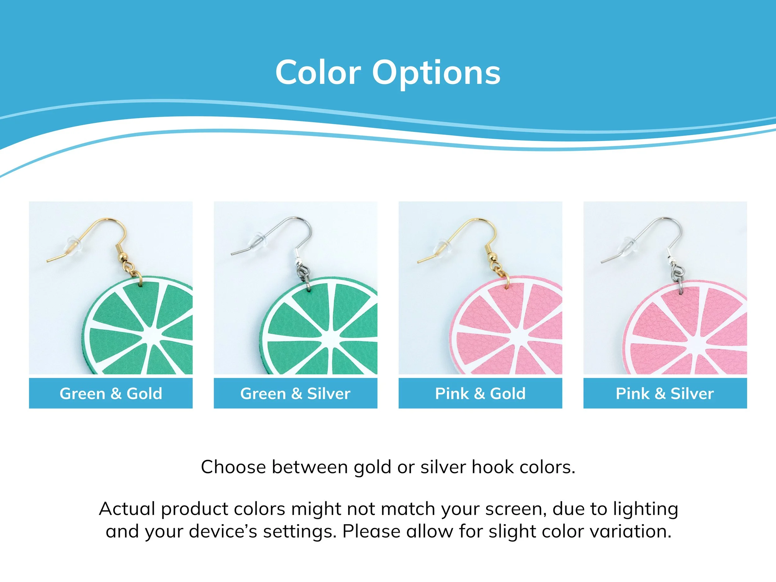 Examples of all 4 faux leather and hook color options for citrus earrings: green with gold hooks, green with silver hooks, pink with gold hooks, and pink with silver hooks