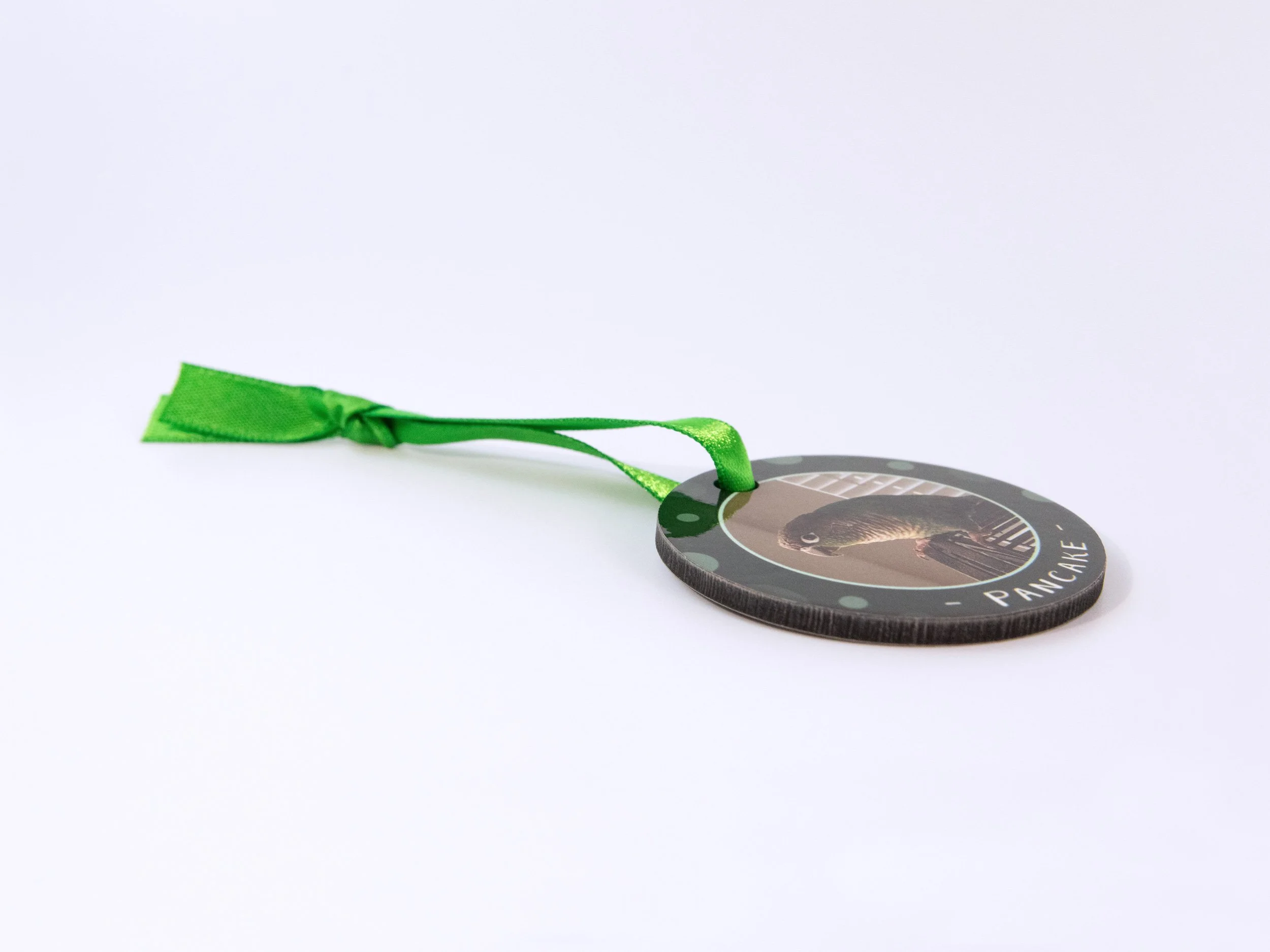 Close up side view of a sublimated MDF ornament with a ribbon. It has a conure photo, green color scheme, and the name "Pancake"