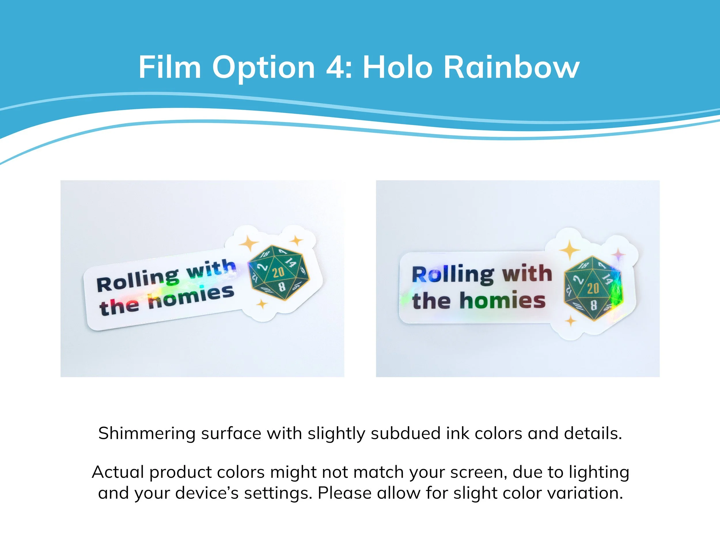 Examples of holo rainbow laminate film on a sticker. The description text mentions that holo stickers have shimmering surfaces with slightly subdued ink colors and details