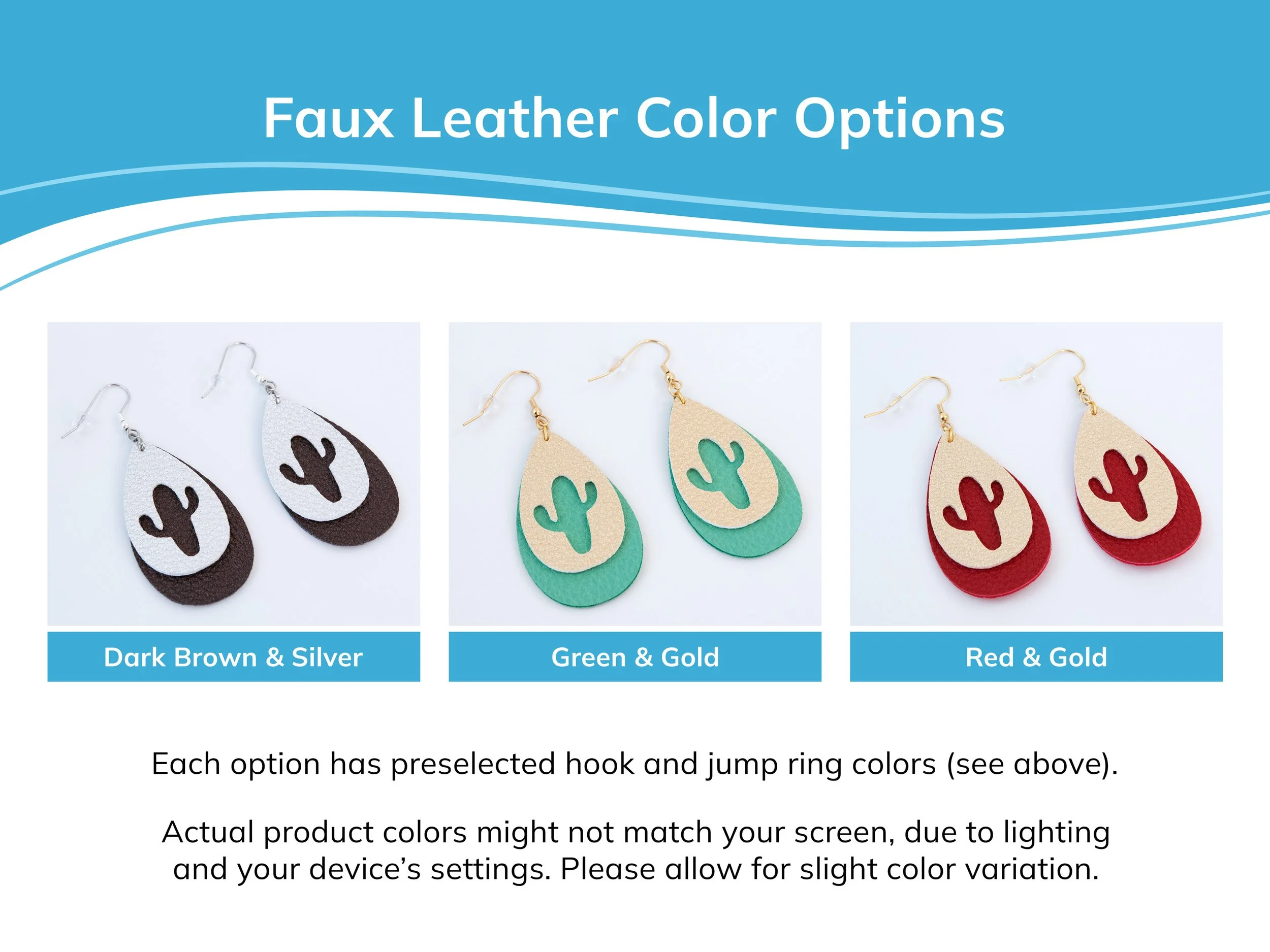 Examples of all 3 faux leather color options for cactus teardrop earrings: dark brown and silver, green and gold, and red and gold. Each option has preselected hook and jump ring colors