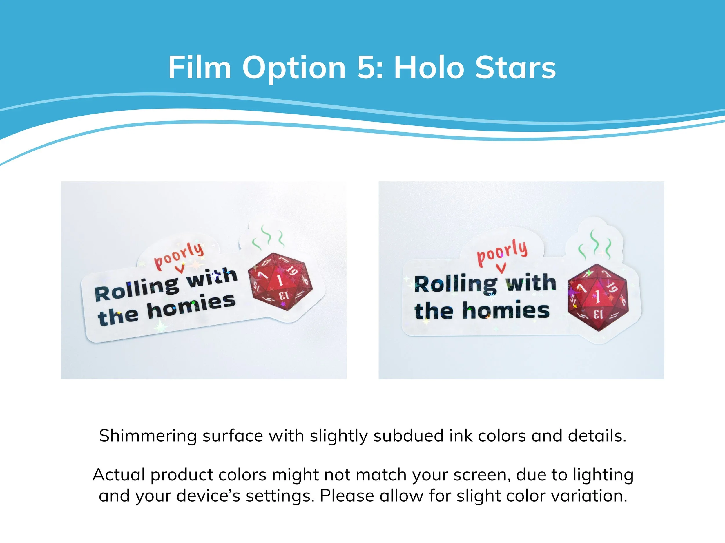 Examples of holo stars laminate film on a sticker. The description text mentions that holo stickers have shimmering surfaces with slightly subdued ink colors and details