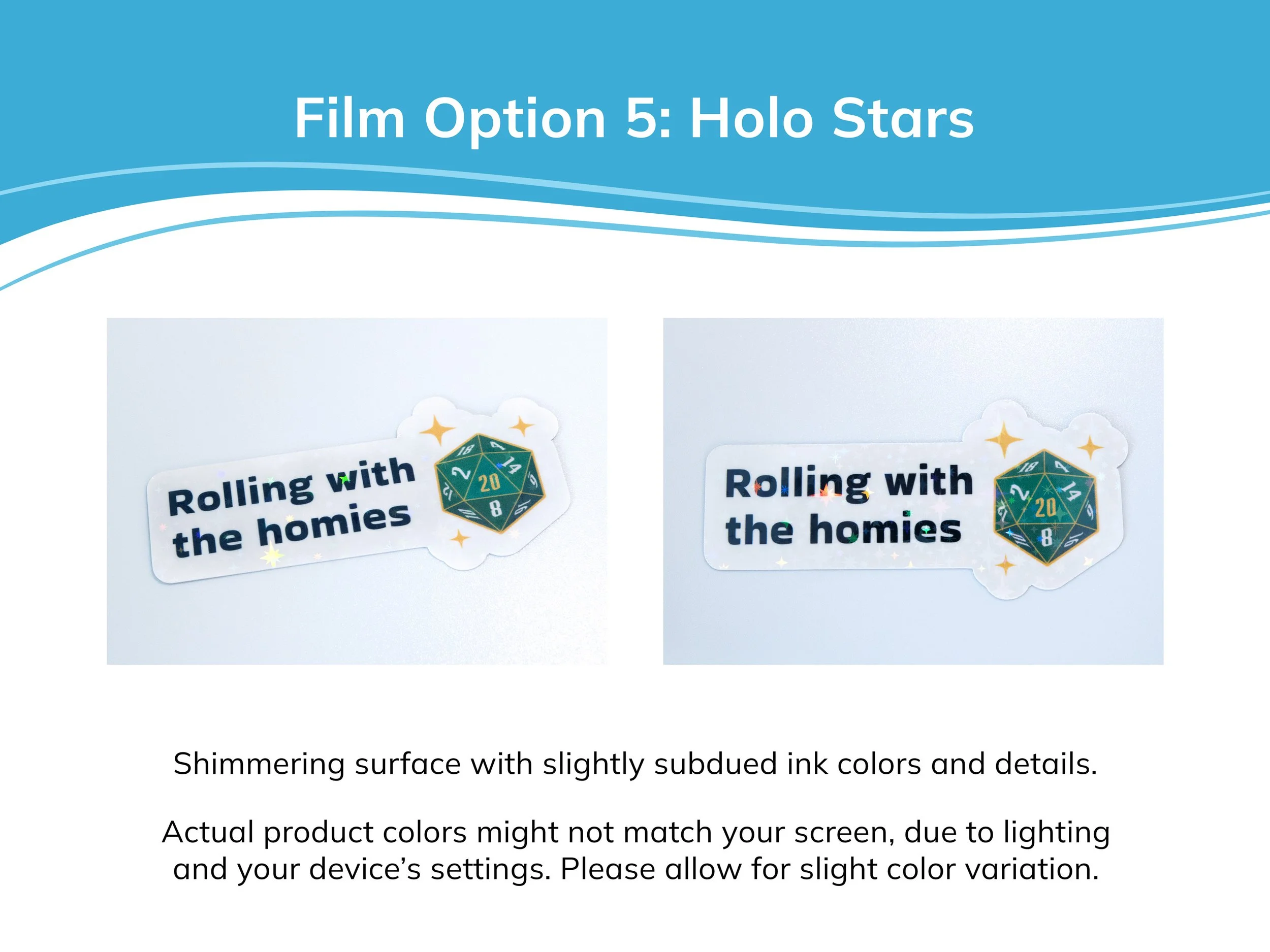 Examples of holo stars laminate film on a sticker. The description text mentions that holo stickers have shimmering surfaces with slightly subdued ink colors and details