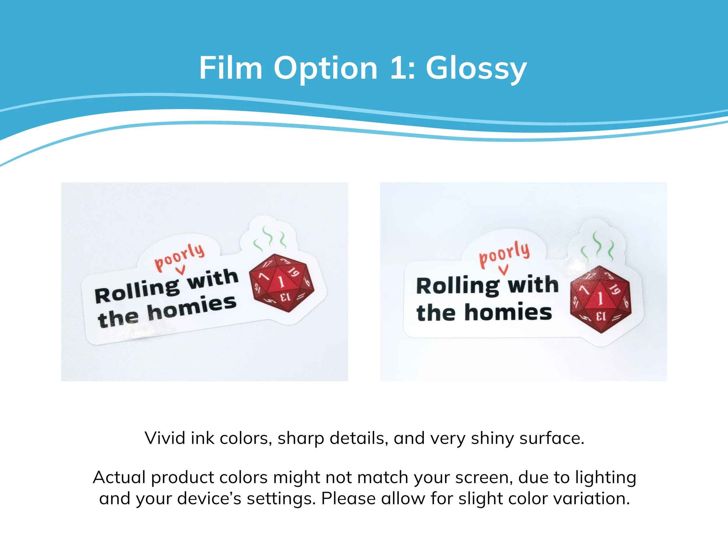 Examples of glossy laminate film on a sticker. The description text mentions that glossy stickers have vivid ink colors, sharp details, and a very shiny surface