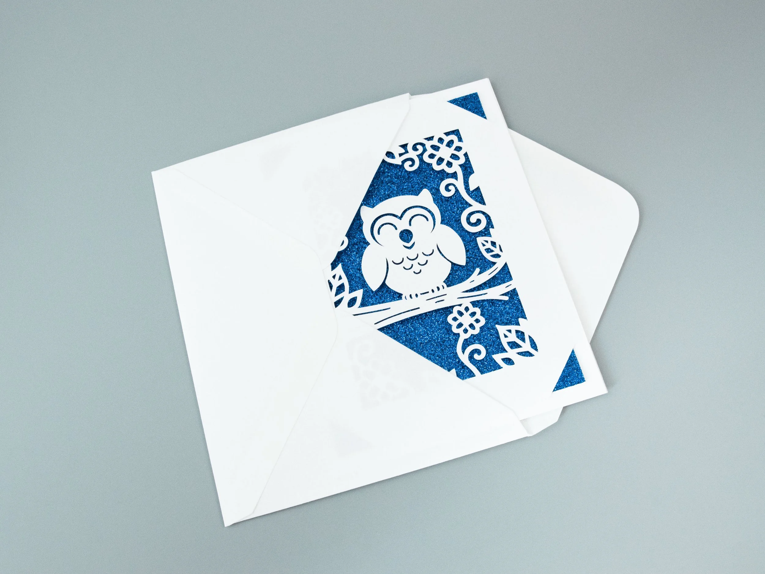 A greeting card partially removed from an envelope. The card has an owl cutout and blue glitter background