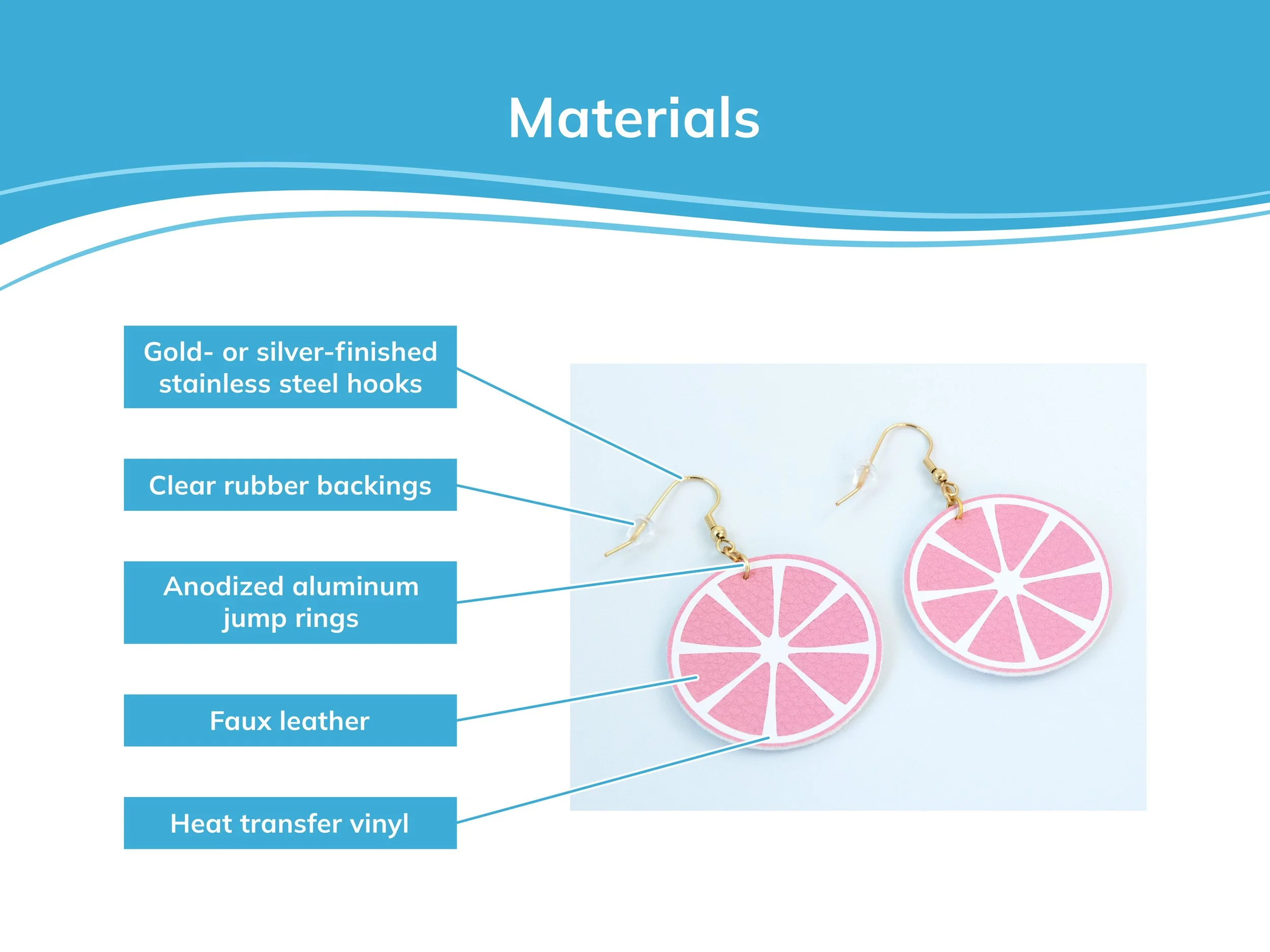 Information about the materials I use for round citrus slice earrings. Earrings are made from stainless steel hooks, clear rubber backings, anodized aluminum jump rings, faux leather, and vinyl