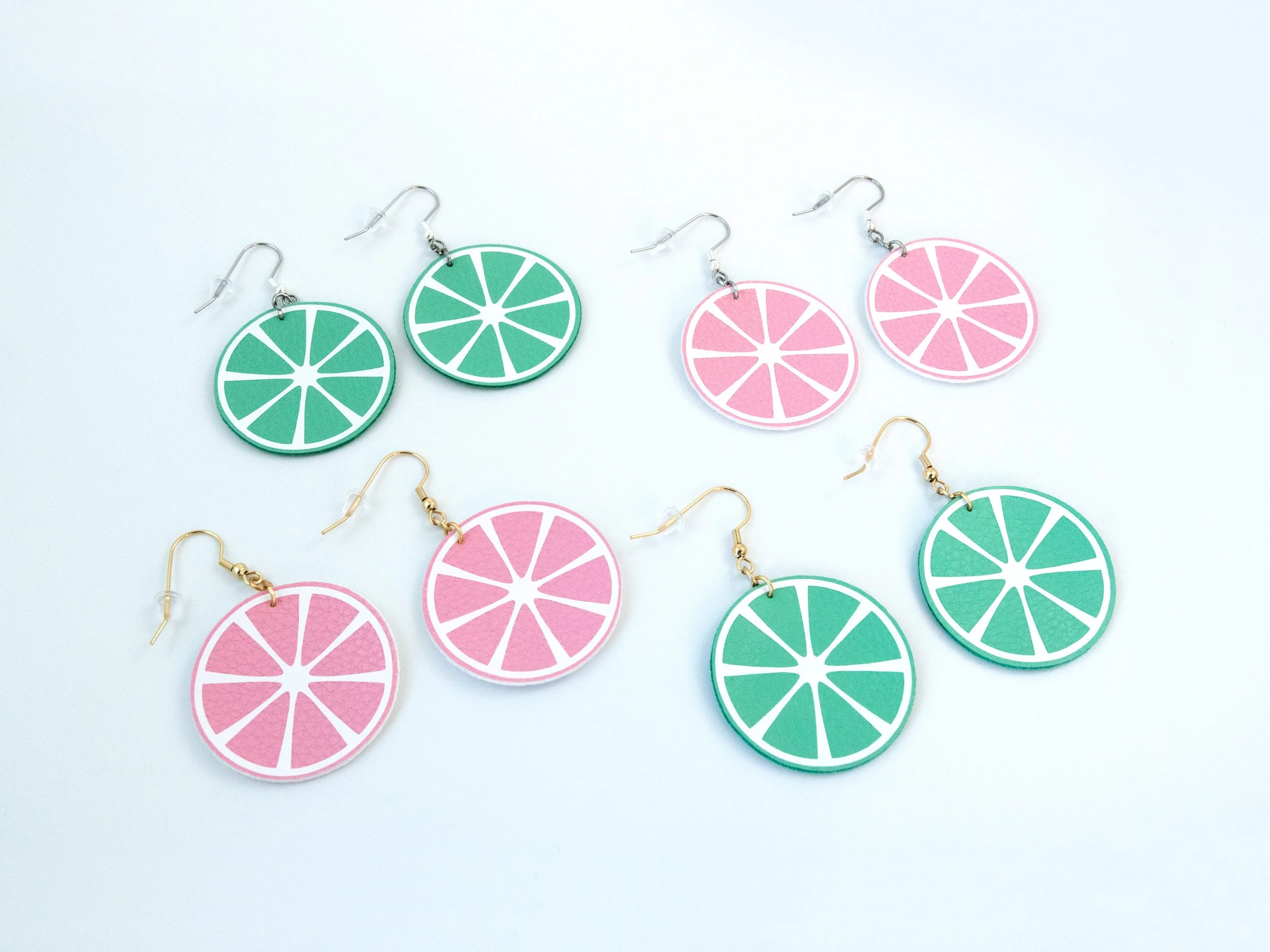 Examples of green and pink citrus color options. Each option can have gold or silver hooks