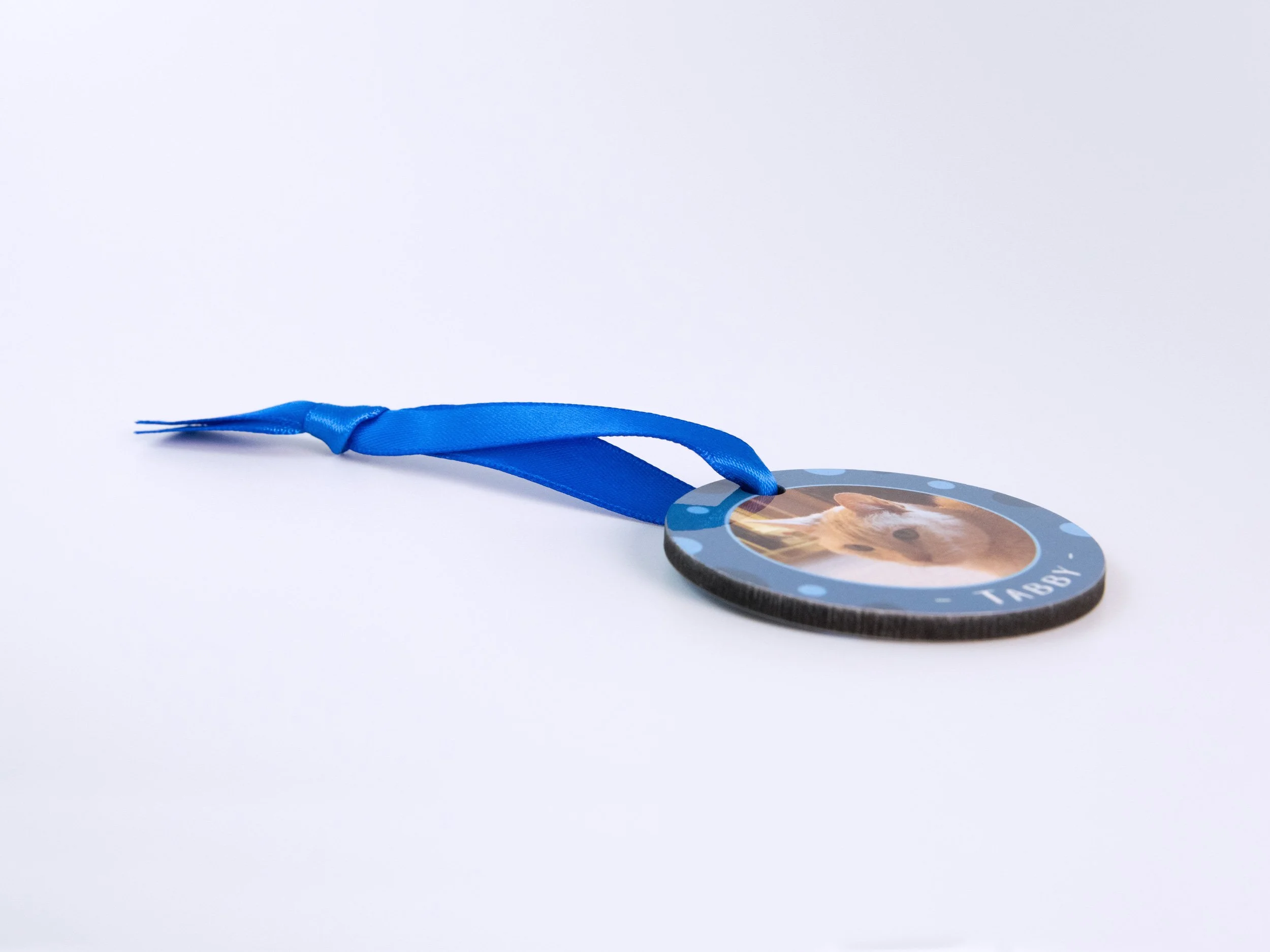 Close up side view of a sublimated MDF ornament with a ribbon. It has a tan striped cat photo, blue color scheme, and the name "Tabby"