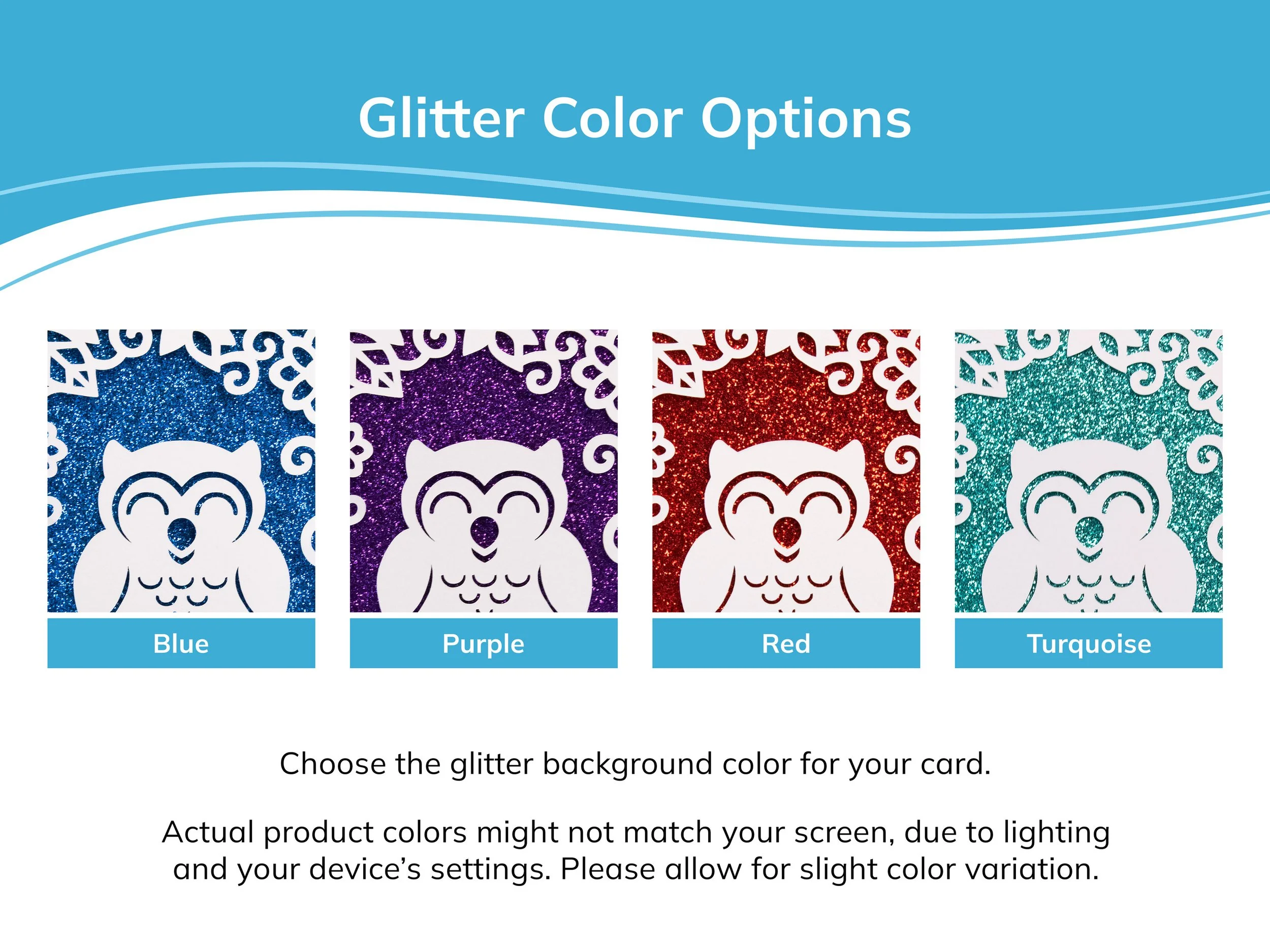 Examples of all 4 glitter background colors, which include blue, purple, red, and turquoise
