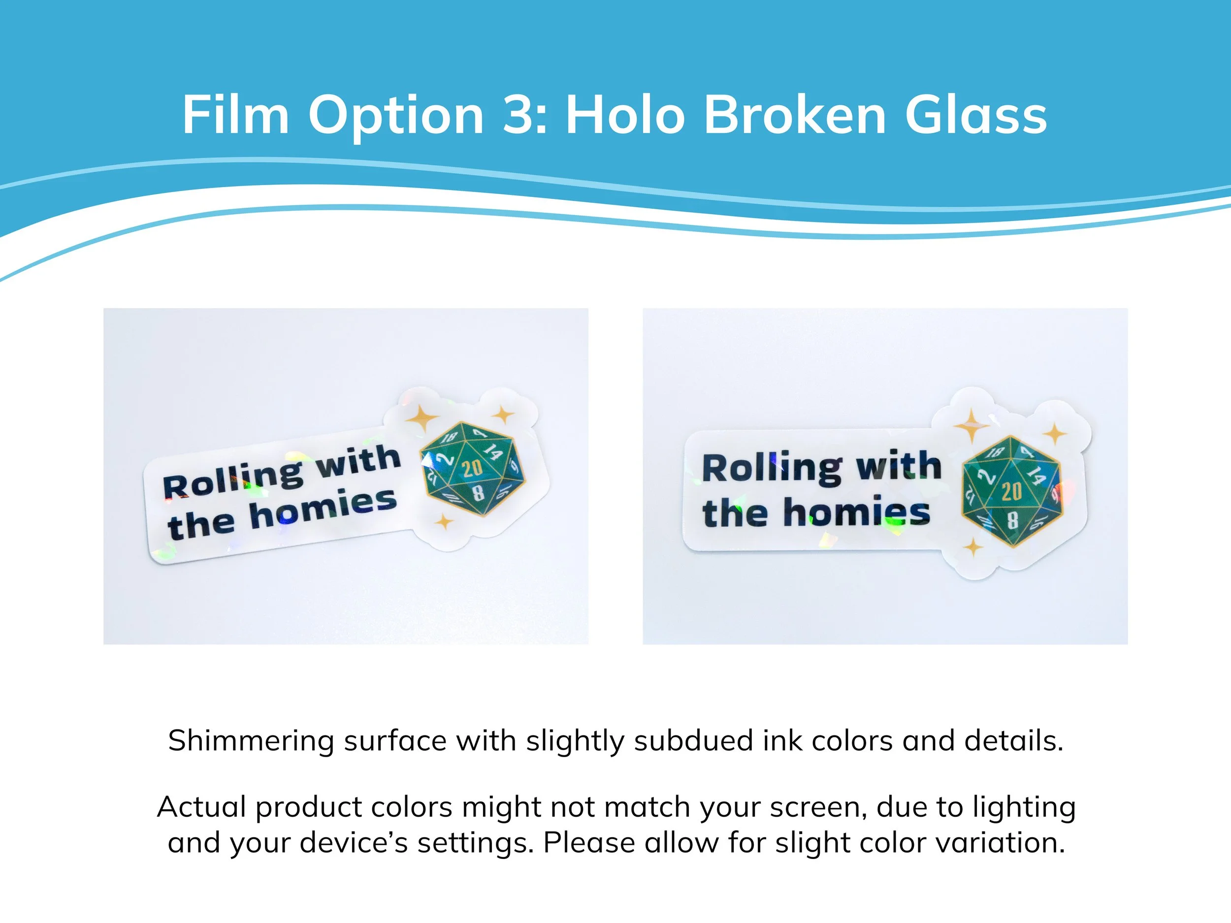 Examples of holo broken glass laminate film on a sticker. The description text mentions that holo stickers have shimmering surfaces with slightly subdued ink colors and details