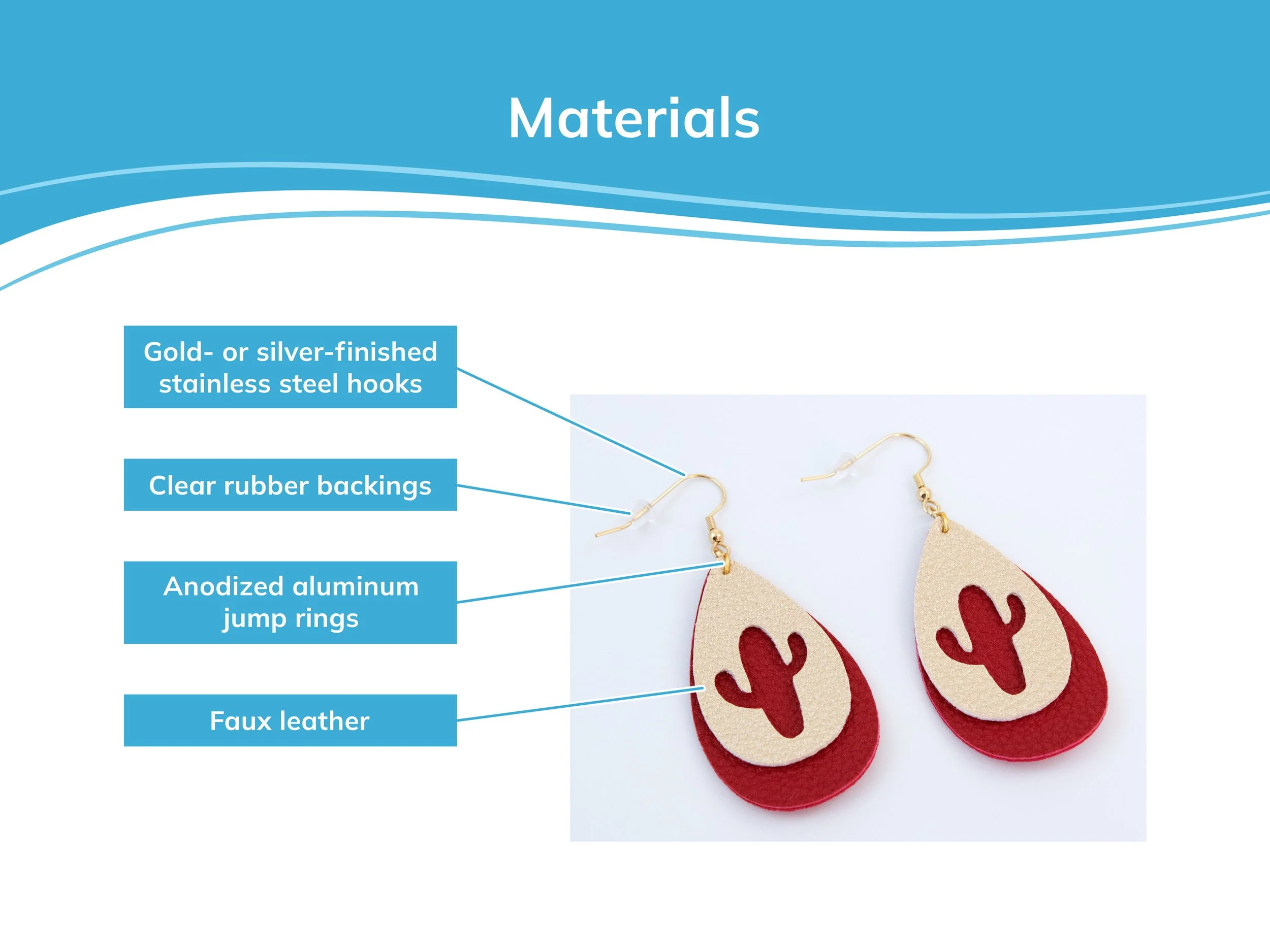 Information about the materials I use for cactus teardrop earrings. Earrings are made from stainless steel hooks, clear rubber backings, anodized aluminum jump rings, and faux leather