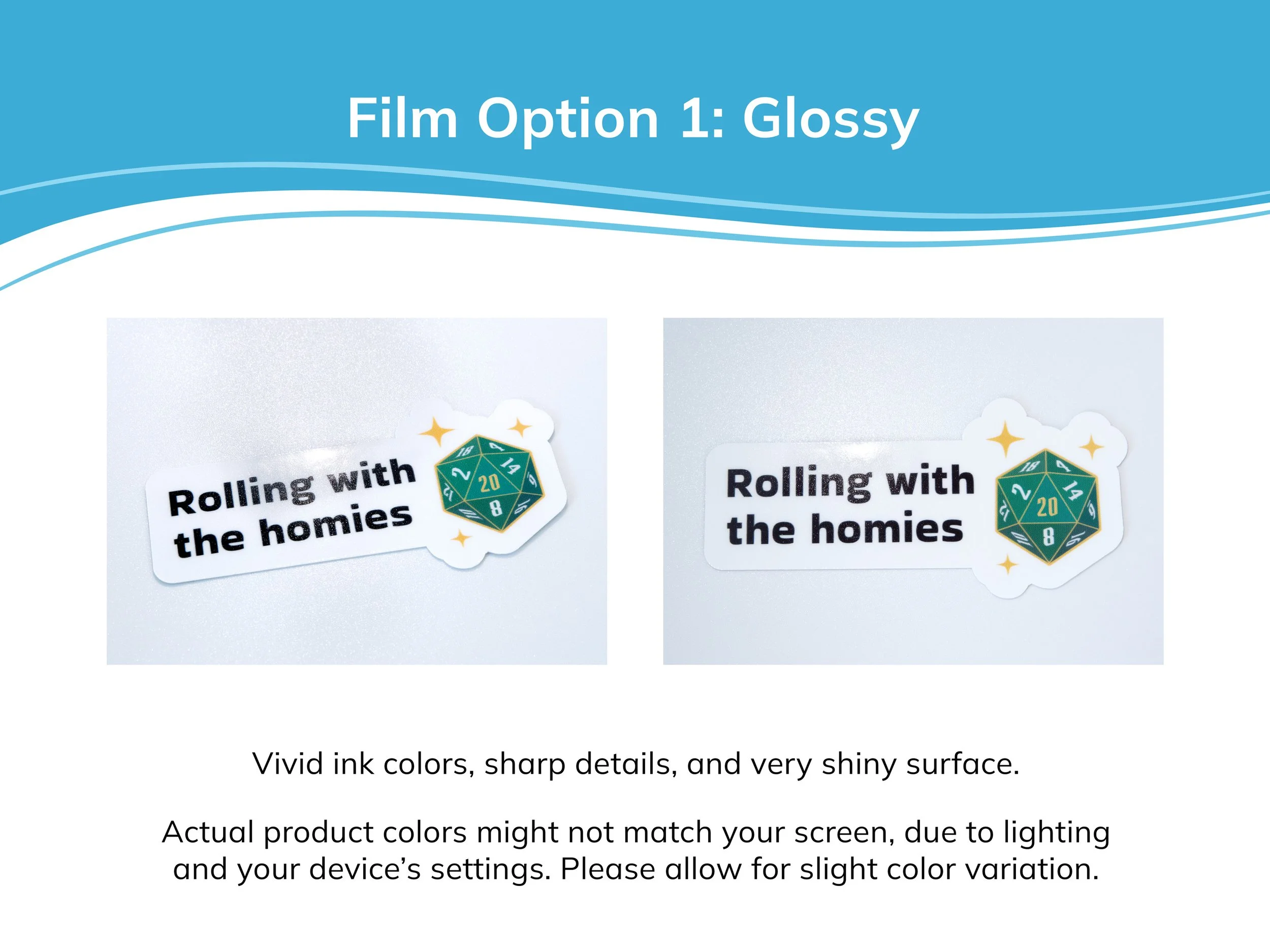 Examples of glossy laminate film on a sticker. The description text mentions that glossy stickers have vivid ink colors, sharp details, and a very shiny surface