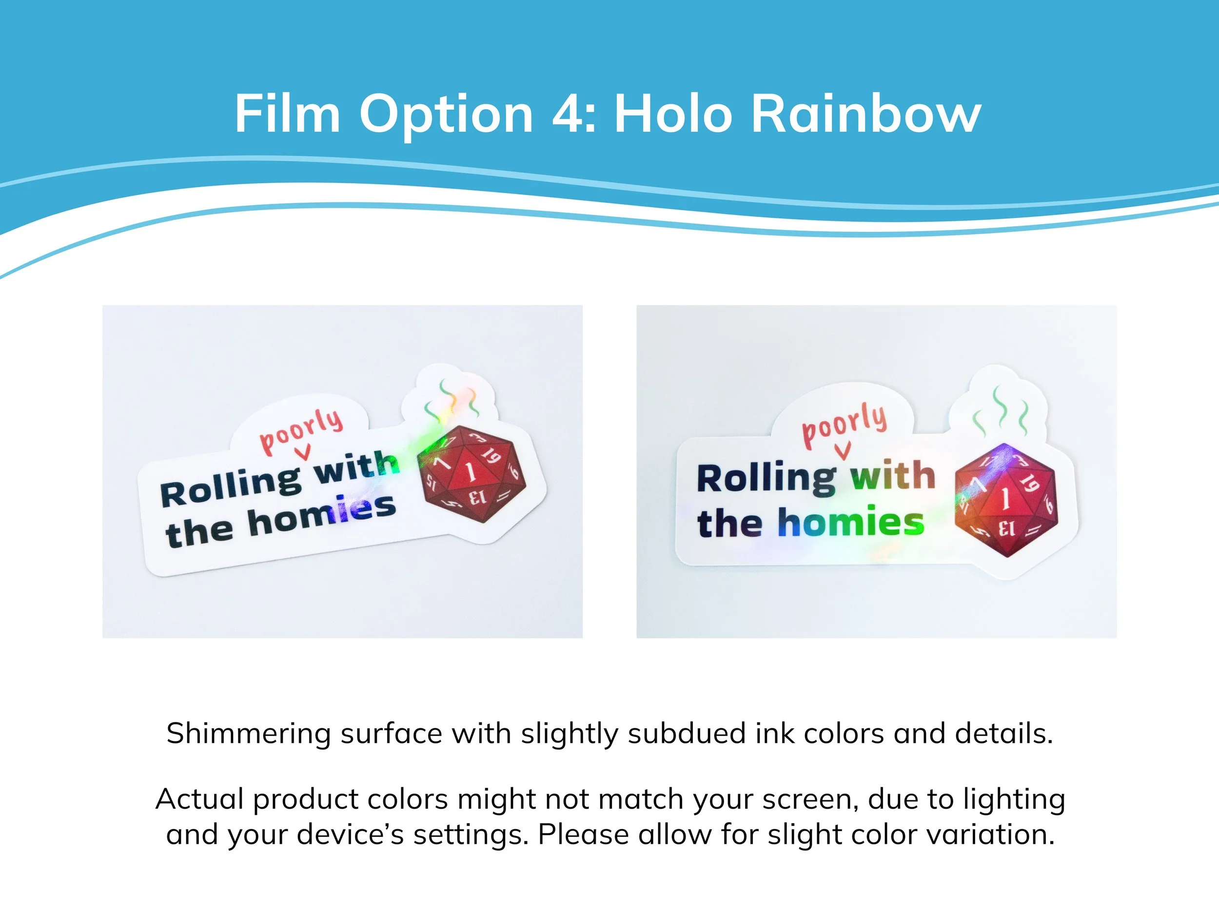 Examples of holo rainbow laminate film on a sticker. The description text mentions that holo stickers have shimmering surfaces with slightly subdued ink colors and details