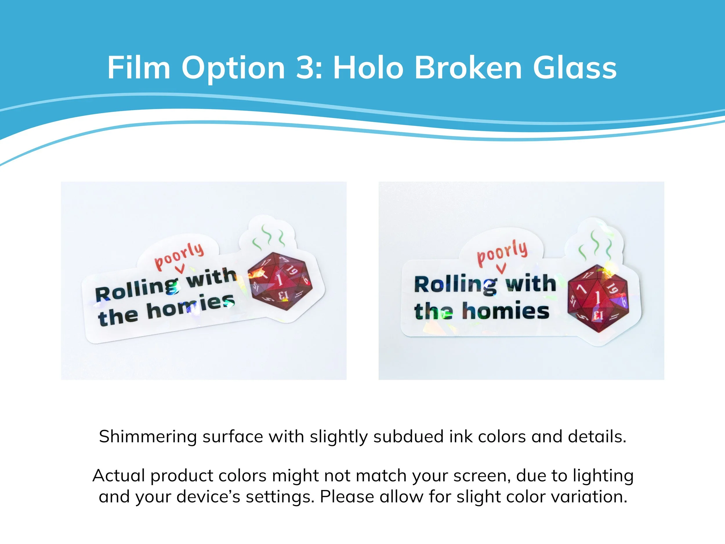 Examples of holo broken glass laminate film on a sticker. The description text mentions that holo stickers have shimmering surfaces with slightly subdued ink colors and details