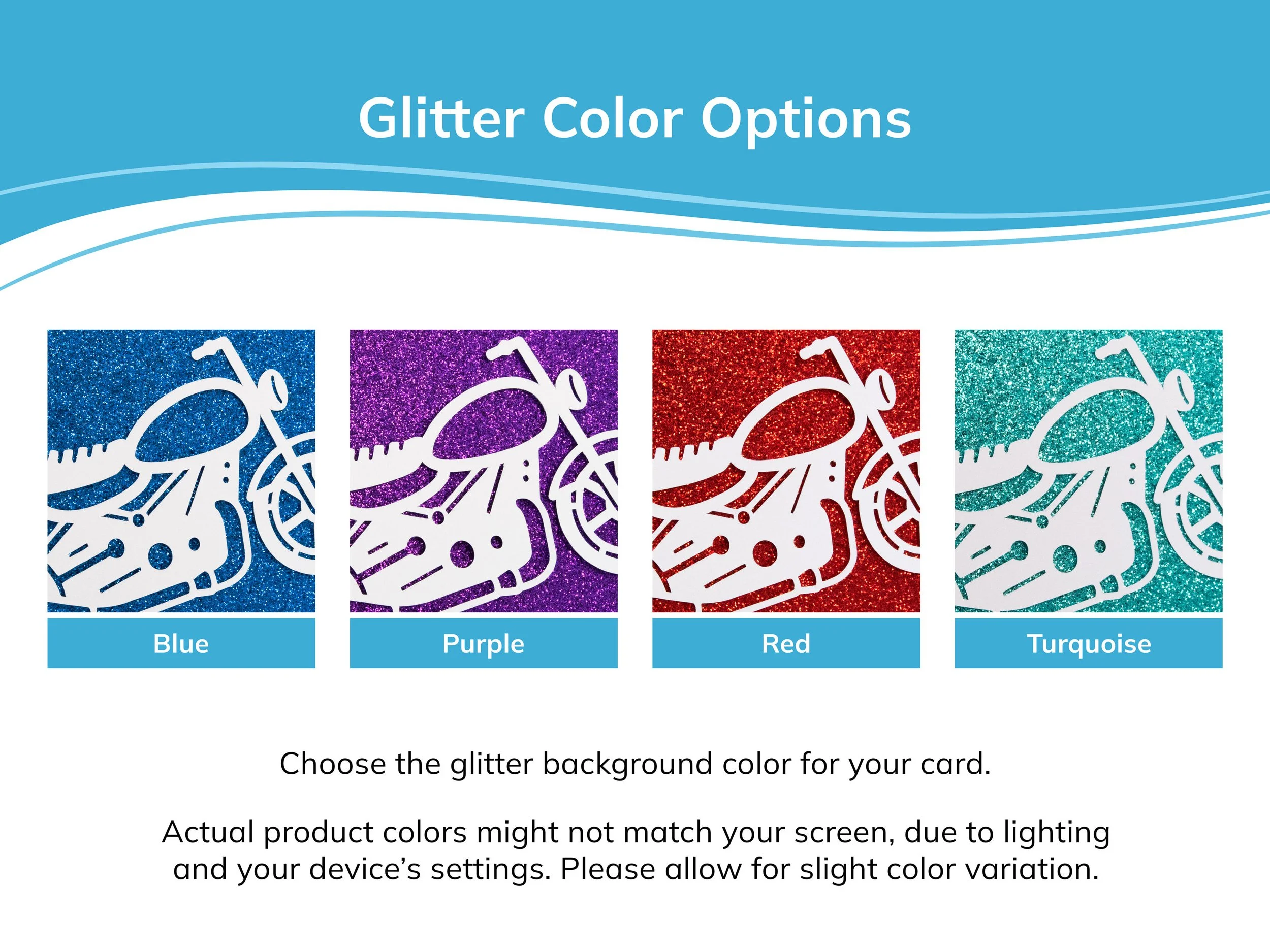 Examples of all 4 glitter background colors, which include blue, purple, red, and turquoise