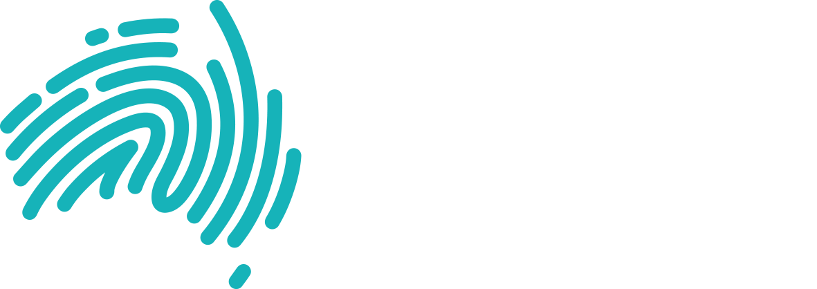 Logo of the Australian College of Ministries, featuring a teal fingerprint shape and bold white text on a black background.