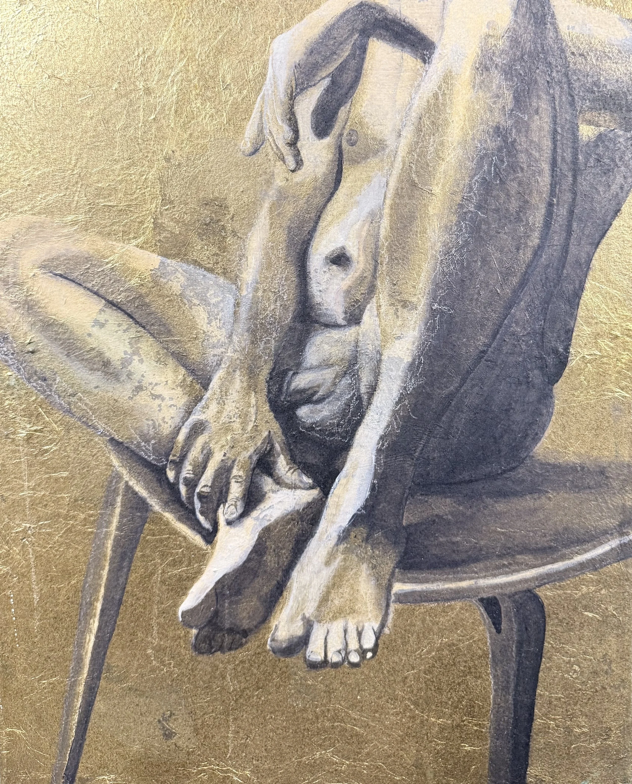 A monochrome painting of a person with a partially muscular torso sitting on a chair, with their hand on their forehead and their foot resting on their knee, against a textured gold background.