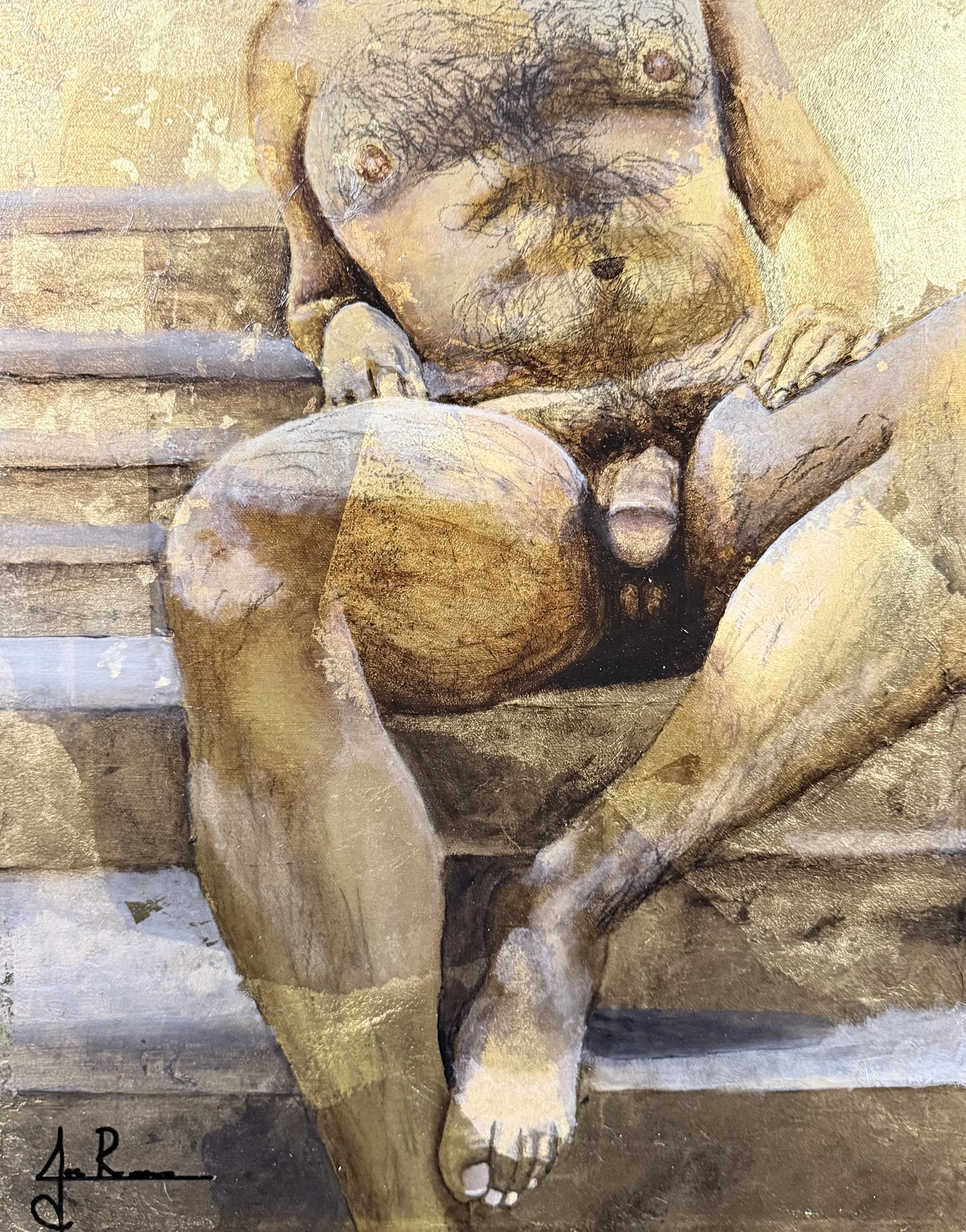 A painting of a man sitting on stairs with his legs apart, with his penis exposed, and his hands resting on his knees. The artwork emphasizes the man's facial hair and body hair.