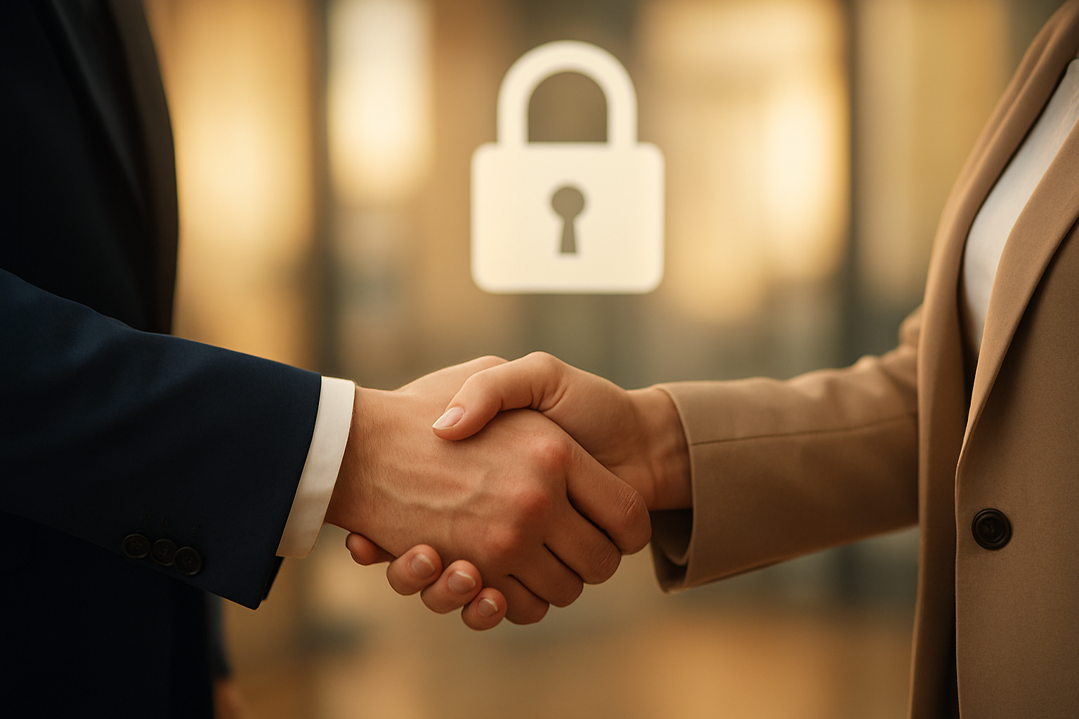 Two individuals shake hands in front of a blurred background with a lock icon, indicating a secure agreement or deal.