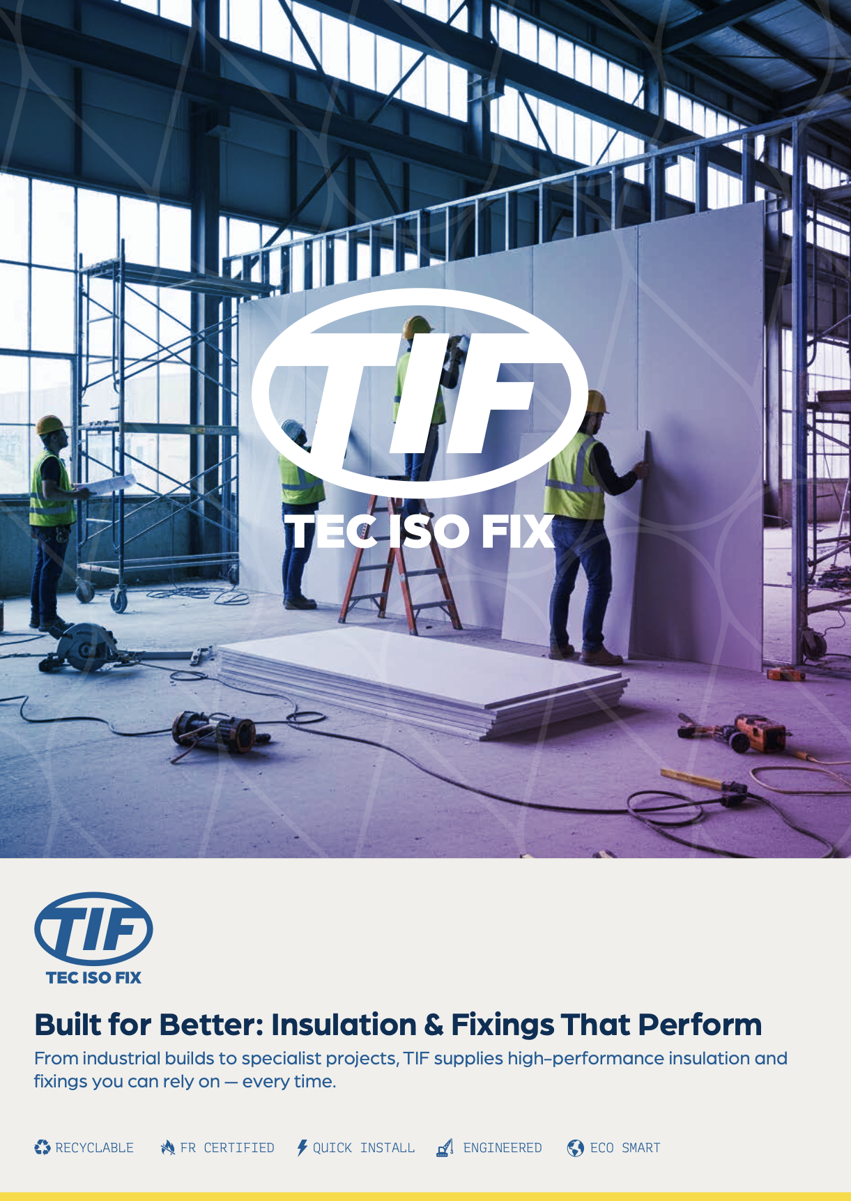 Construction workers installing insulation and fixing panels inside a large industrial building with steel framework and scaffolding.