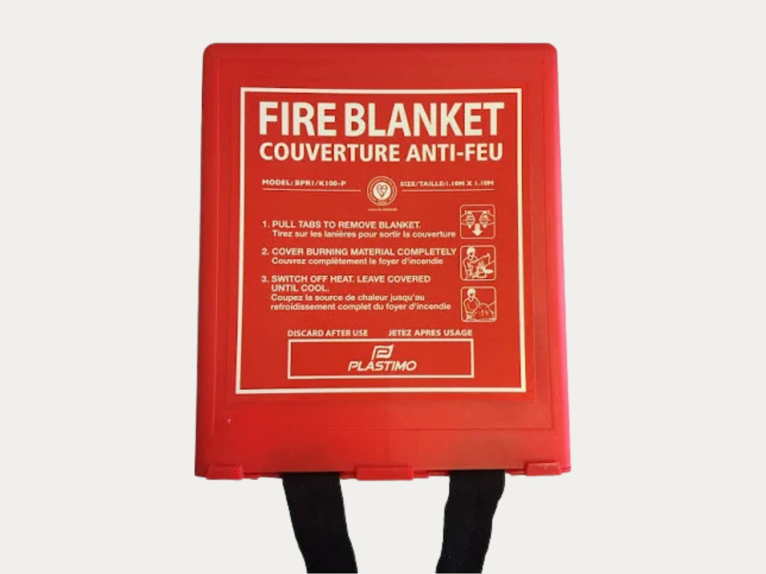Red fire blanket packaging with instructions in English and French.